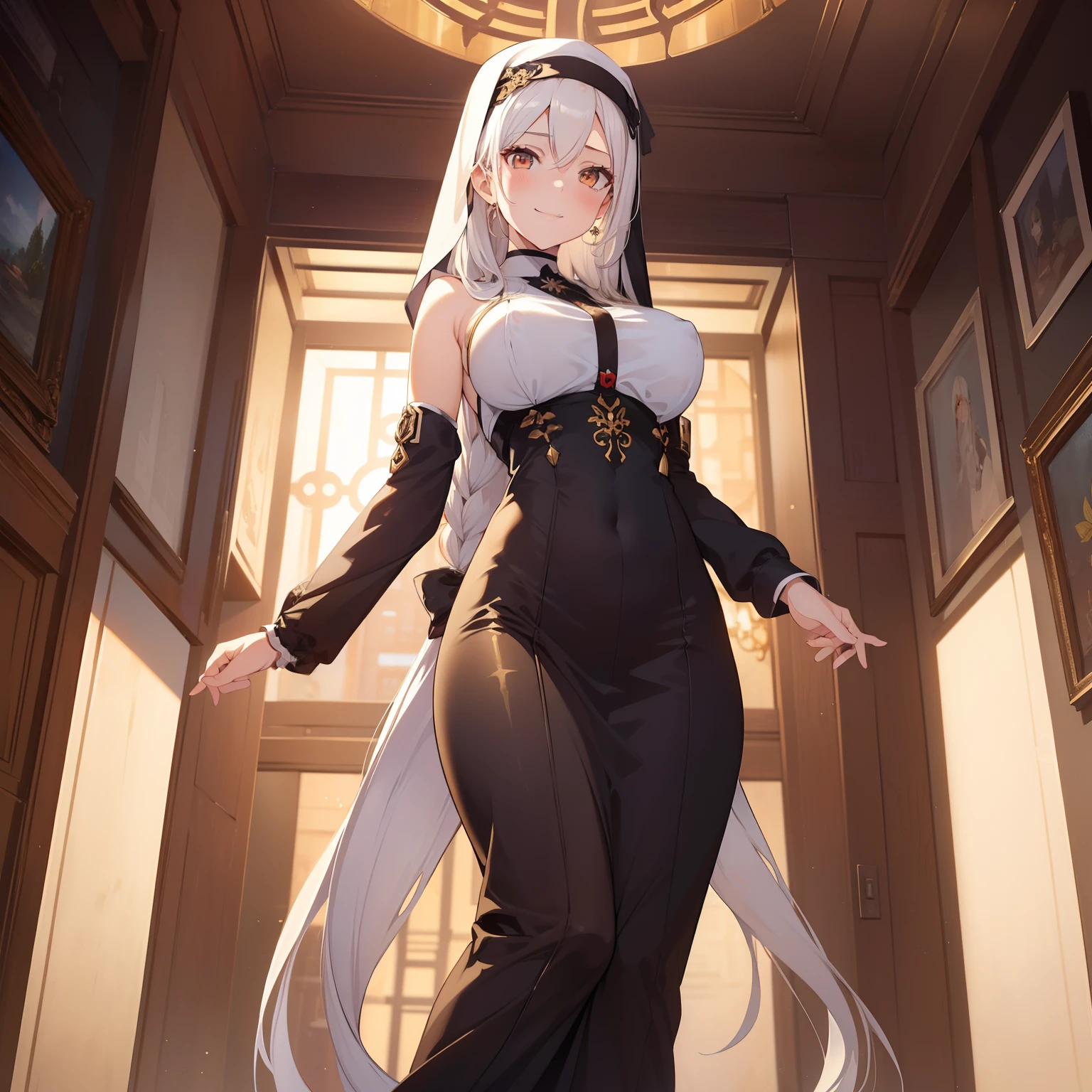 (masutepiece,Best Quality,8K),(extremely detailed CG1.1),1 girl,A smile,large boob,livingroom,(From below:1.2),Summer light,Intricate details , Hyper realistic, Perfect Anatomy,white  hair,Golden Eyes,(((length hair))),Twin-tailed,hair slicked back,nun,Full body