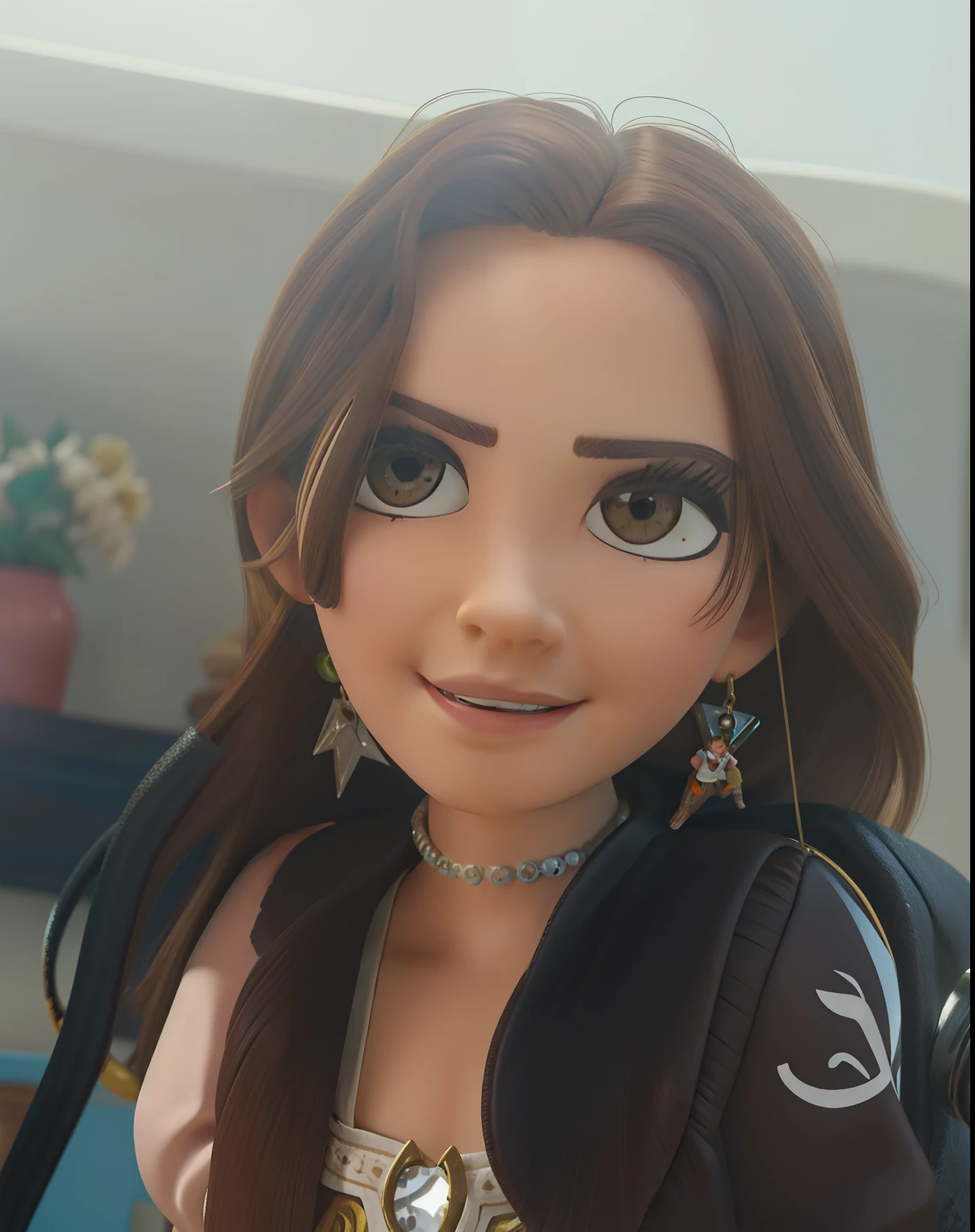 master part, best quality, , olhos verdes, pele escura, brown hair, cabelos ondulados, short hair, Brincos, jewelries, pirata, Camisa comprida, fundo simples, sozinho, parte superior do corpo