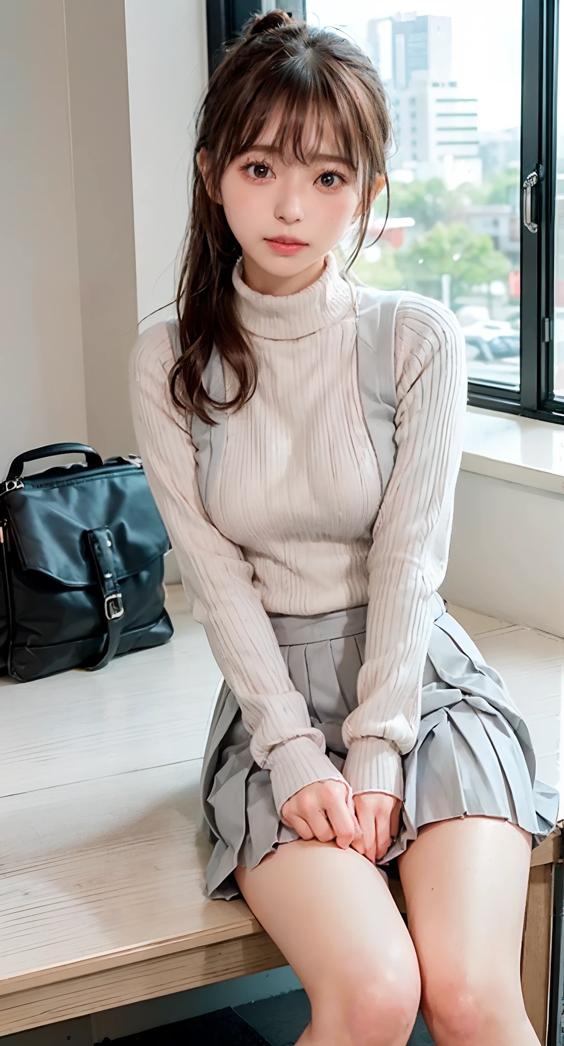 (((Kamimei、Bun hair、Embarrassing、red blush、embarrassed from、Mouth ajar))),(((((Long grey knee-length pleated skirt、White turtleneck sweater、no sleeves、high-heels))))),((In the office、In the company、In the reception room、frombelow))、masutepiece, 1girl in, best qualtiy, Ultra Detail, (shiny), (Small)、(((with blush cheeks,))),Ray tracing,Perfect Lighting, (milky skin:1.2),reflection,  up looking_で_viewer, blush, bow ribbon, yellow_Eyes, White choker, Low_Twin-tailed、(Japan's cutest 28-year-old beautiful girl,Good Style)Small ribbons in the hair、Contrast Legs