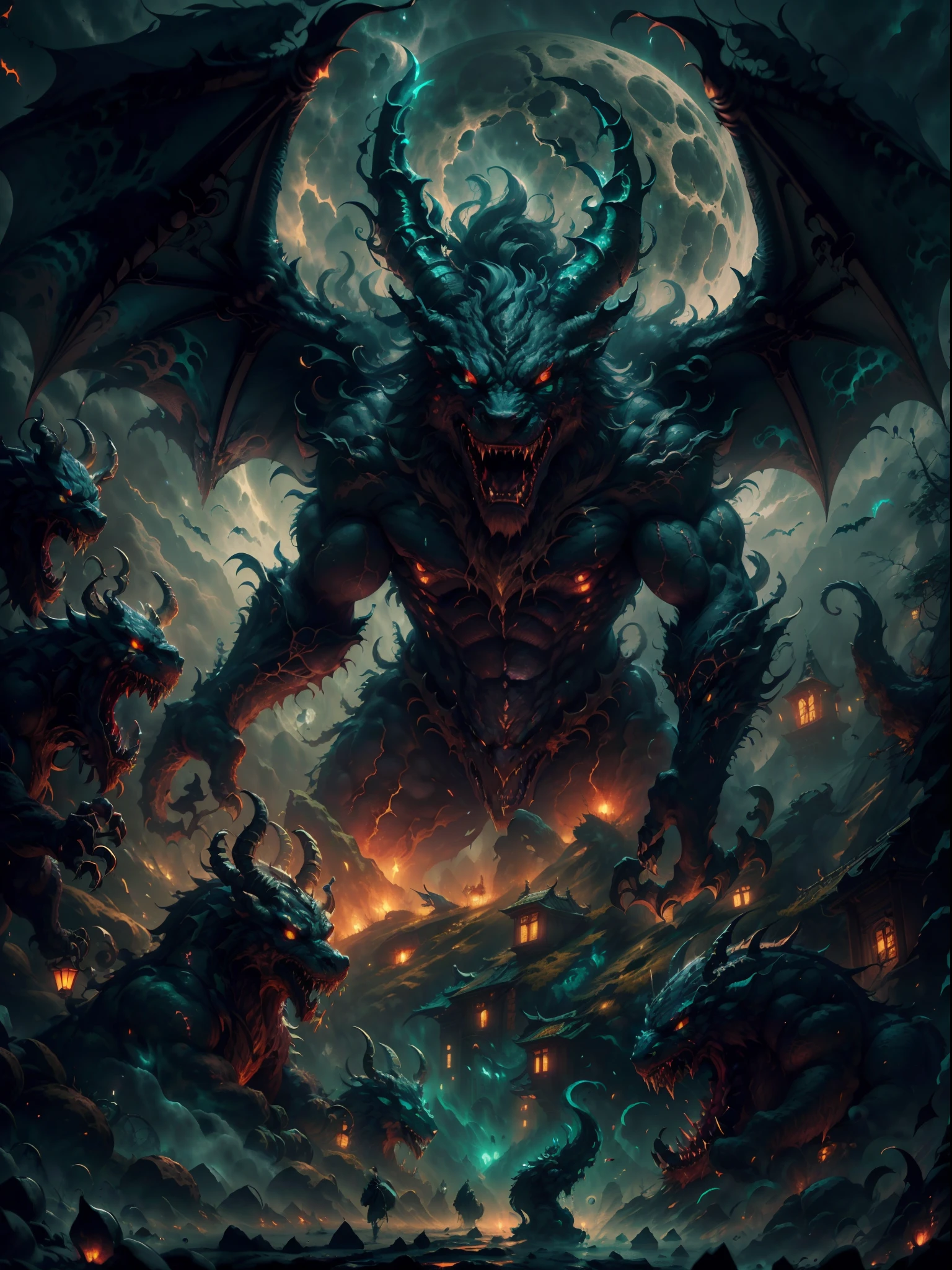 best quality,ultra-detailed,horrifying,high-res,monstrous,terrifying,night scene,darkness,vivid colors,sinister glow,bat wings,intense gaze,dragon-like,menacing grin,sharp fangs,giant creature,beastly features,creature from legends,mythical aura,ominous presence,sinuous body,flaming breath,ancient legend,roaring in the night,fear-inducing,mythological beast,majestic,legendary painting,ominous atmosphere,imposing silhouette,nightmarish,horrifying details,dreadful, otherworldly being,night sky,moonlit sky.