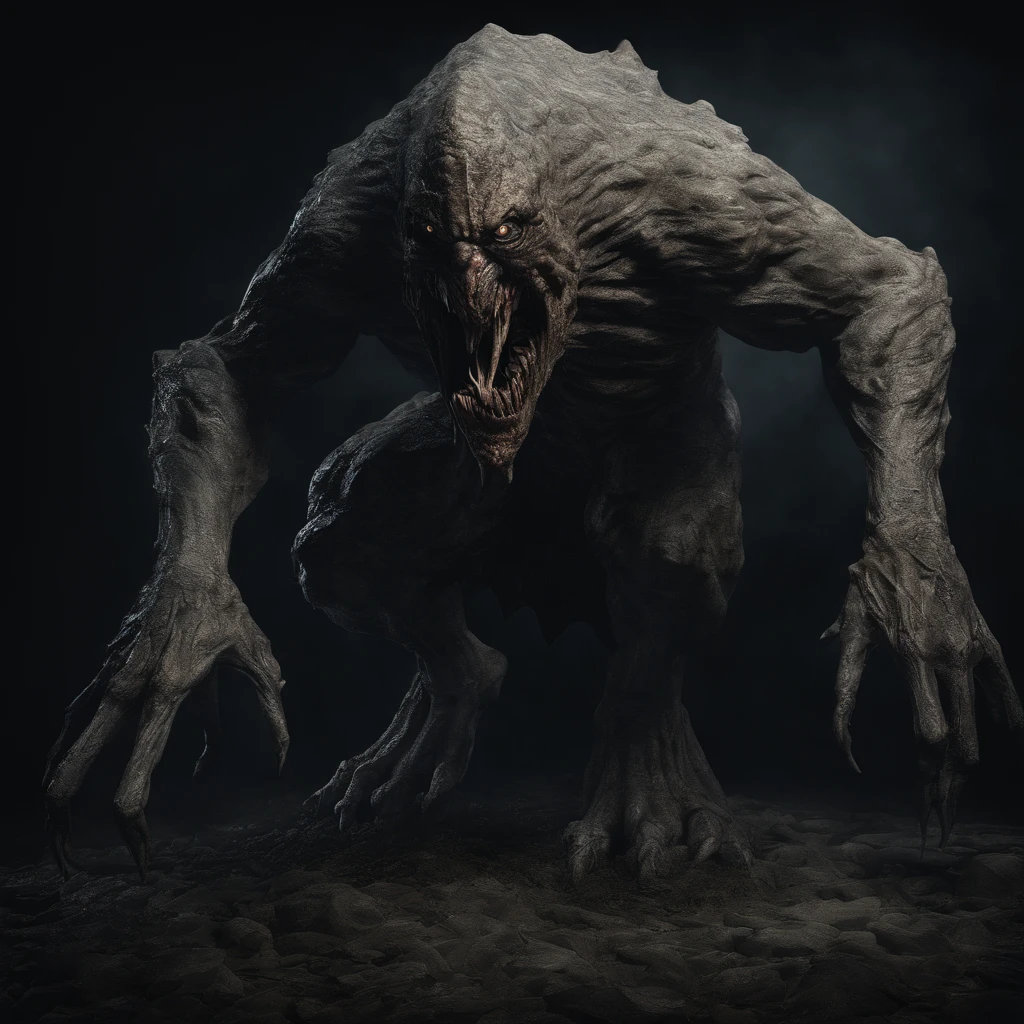 Stone monster, Huge mouth,long legged, Stone Texture, detailed facial features, sharpteeth, intensegaze, Spooky lighting, Dark and moody colors, High resolution artwork, Photorealistic style
