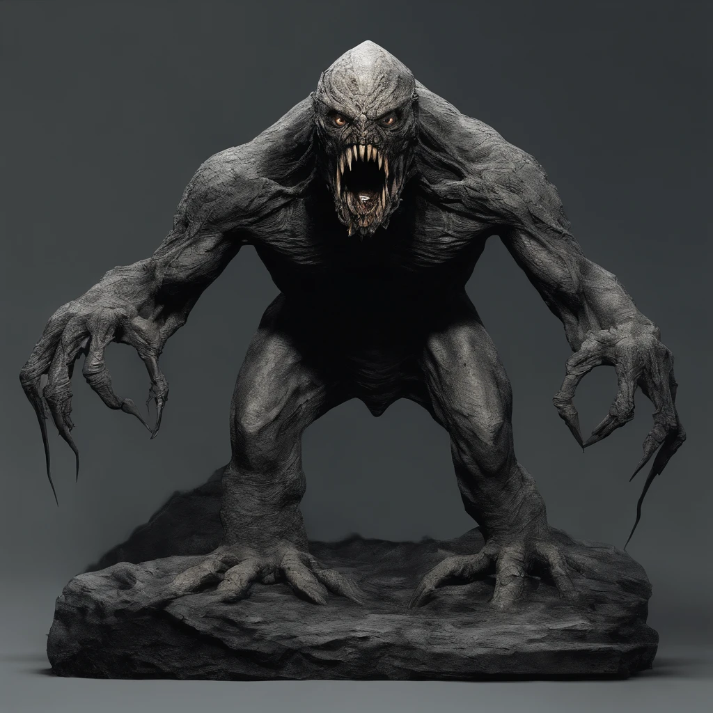Stone monster, Huge mouth,long legged, Stone Texture, detailed facial features, sharpteeth, intensegaze, Spooky lighting, Dark and moody colors, High resolution artwork, Photorealistic style