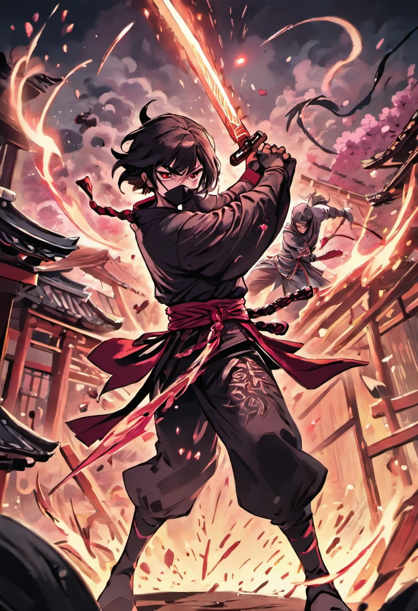 (best quality,highres,realistic:1.37),detailed and intense battle between two ninjas,fierce facial expressions,twisting and flipping bodies,precision strikes and acrobatic movements,shurikens flying through the air,clouds of smoke and dust,sword clashes and sparks,moonlit night with a mysterious ambiance,traditional Japanese setting with ancient architecture and cherry blossoms,deep shadows and dramatic lighting,sharp focus on intricate ninja costumes and weapons,dynamic composition with diagonal lines and asymmetrical balance,vivid colors with contrasting red and black tones.