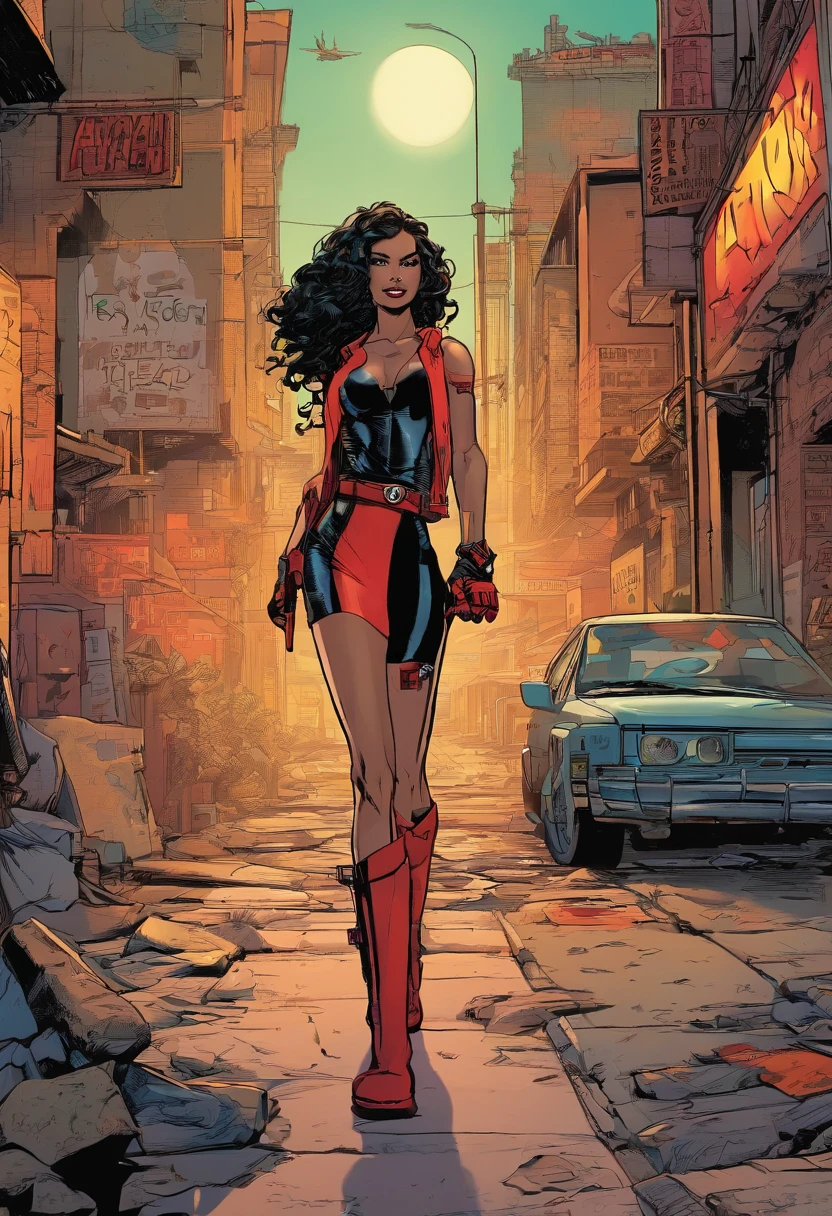 (black with blonde highlights hair, hispanic woman, anti-hero, steals anything, controls blood, covered hero suit, medium:1.1), leather gloves, confident posture, mysterious expression, intense eyes, dynamic action, urban night scene, graffiti-filled alley, street lights, neon signs, dramatic lighting, dark and gritty atmosphere, chiaroscuro lighting, high contrast, intense color palette, cinematic composition, photorealistic style, detailed textures