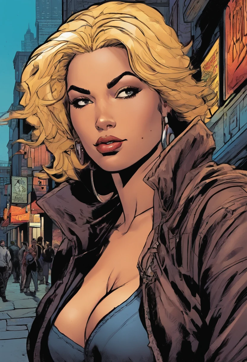 (black with blonde highlights hair, hispanic woman, anti-hero, steals anything, controls blood, covered hero suit, medium:1.1), leather gloves, confident posture, mysterious expression, intense eyes, dynamic action, urban night scene, graffiti-filled alley, street lights, neon signs, dramatic lighting, dark and gritty atmosphere, chiaroscuro lighting, high contrast, intense color palette, cinematic composition, photorealistic style, detailed textures