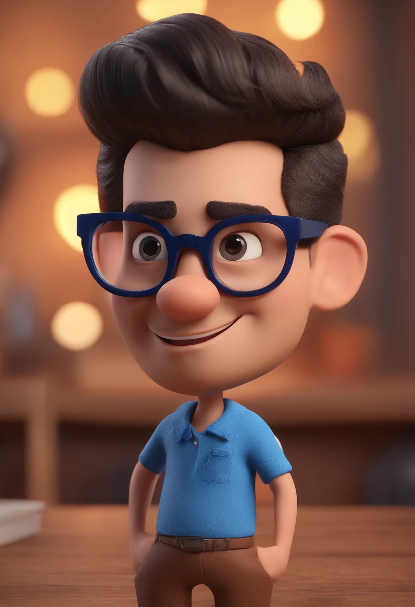 Cartoon character of a man with black glasses and a blue shirt, animation character, Caractere estilizado, animation style rendering, 3D estilizado, Arnold Maya render, 3 d render stylized, toon render keyshot, Personagem 3D, Personagem 3D, 3d rendering stylized, 3 d character render, personagem de desenho animado, Personagem de close up, Pose de personagem,  (Estilo Pixar) (master part:1.2) (Bokeh) (best quality) (pele detalhada) (textura detalhada) (8k) (argila) (Cinematic lighting) (foco nítido