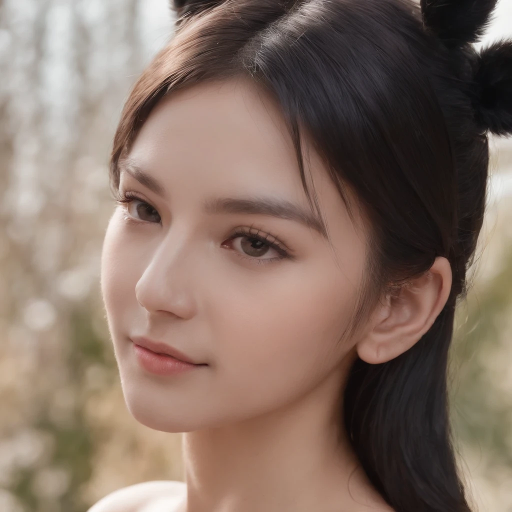 black hair, hair bobbles, wince, longeyelashes, solid circle eyes, fake animal ears, light smile, ear blush, fang, black hair, eye reflection, embarrassed, Surrealism, drop shadow, anaglyph, stereogram, tachi-e, pov, atmospheric perspective, modern, Sony FE GM, three sided view, 8k, ccurate, best quality, nude ass, nude