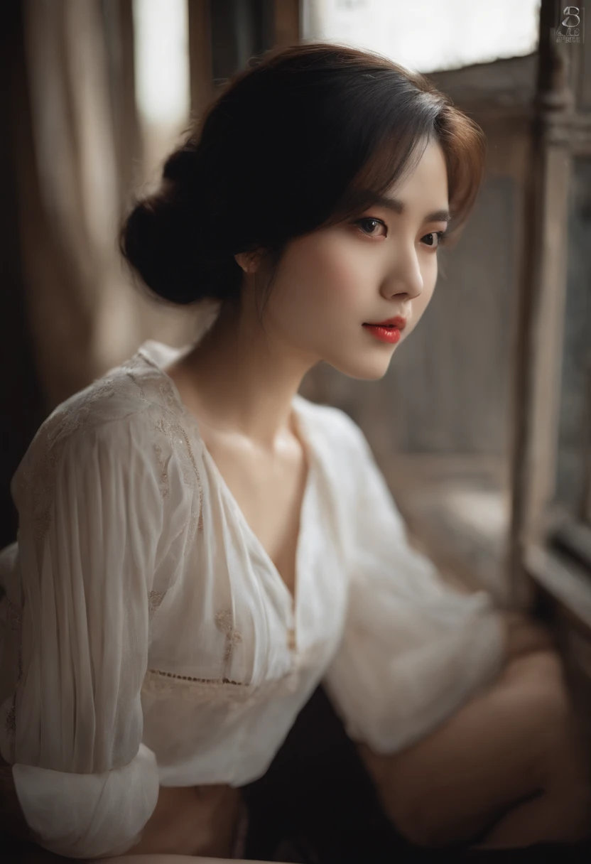 a photo of girl, Sitting, Fair skin, ((loose & Open Chest Temptation Shirt)), f lare, ((looking at away)), Pleated miniskirt, Korea person, crass room, Detailed Touch, Detailed fabric texture, beautifull detailed face, Smooth skin, Detailed skin, Skin pores, Black hair