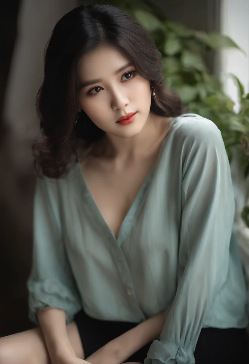 a photo of girl, Sitting, Fair skin, ((loose & Open Chest Temptation Shirt)), f lare, ((looking at away)), Pleated miniskirt, Korea person, crass room, Detailed Touch, Detailed fabric texture, beautifull detailed face, Smooth skin, Detailed skin, Skin pores, Black hair