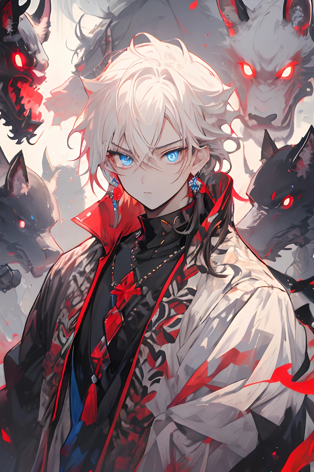 masutepiece,Best Quality,1boy,Jewelry,Male Focus,Looking at Viewer,Solo,Upper body,White hair,The sword,Blue eyes,blue aura