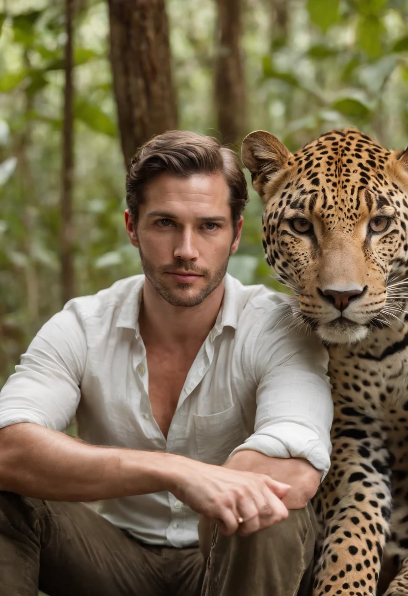 um homem de 30 anos,  white man in the clothes of a hunter in Brazil in the middle of the forest sitting with his legs intertwined and with his hand on a jaguar