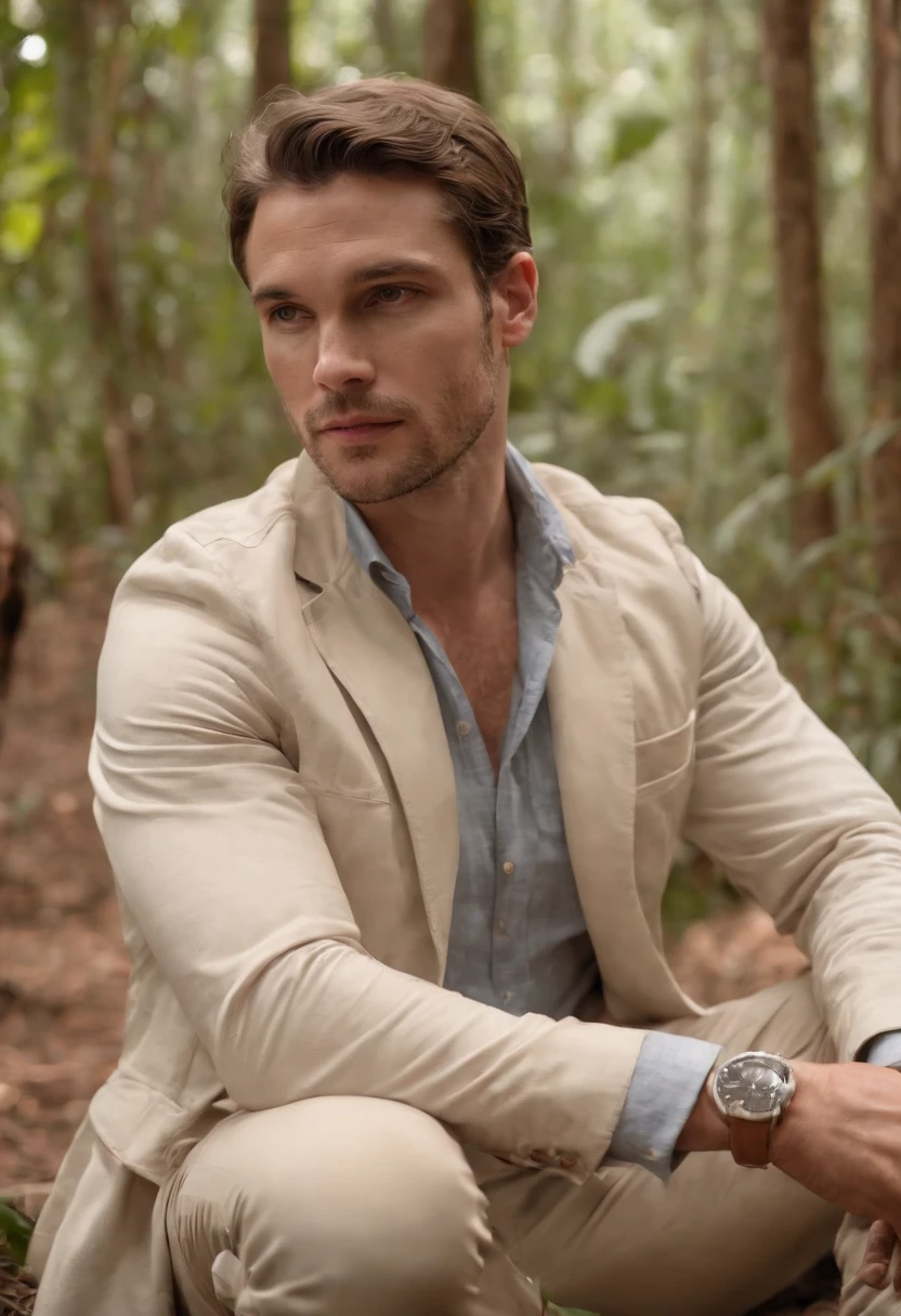 um homem de 30 anos, white man in the clothes of a hunter in Brazil in the middle of the forest sitting with his legs intertwined and with his hand on a jaguar