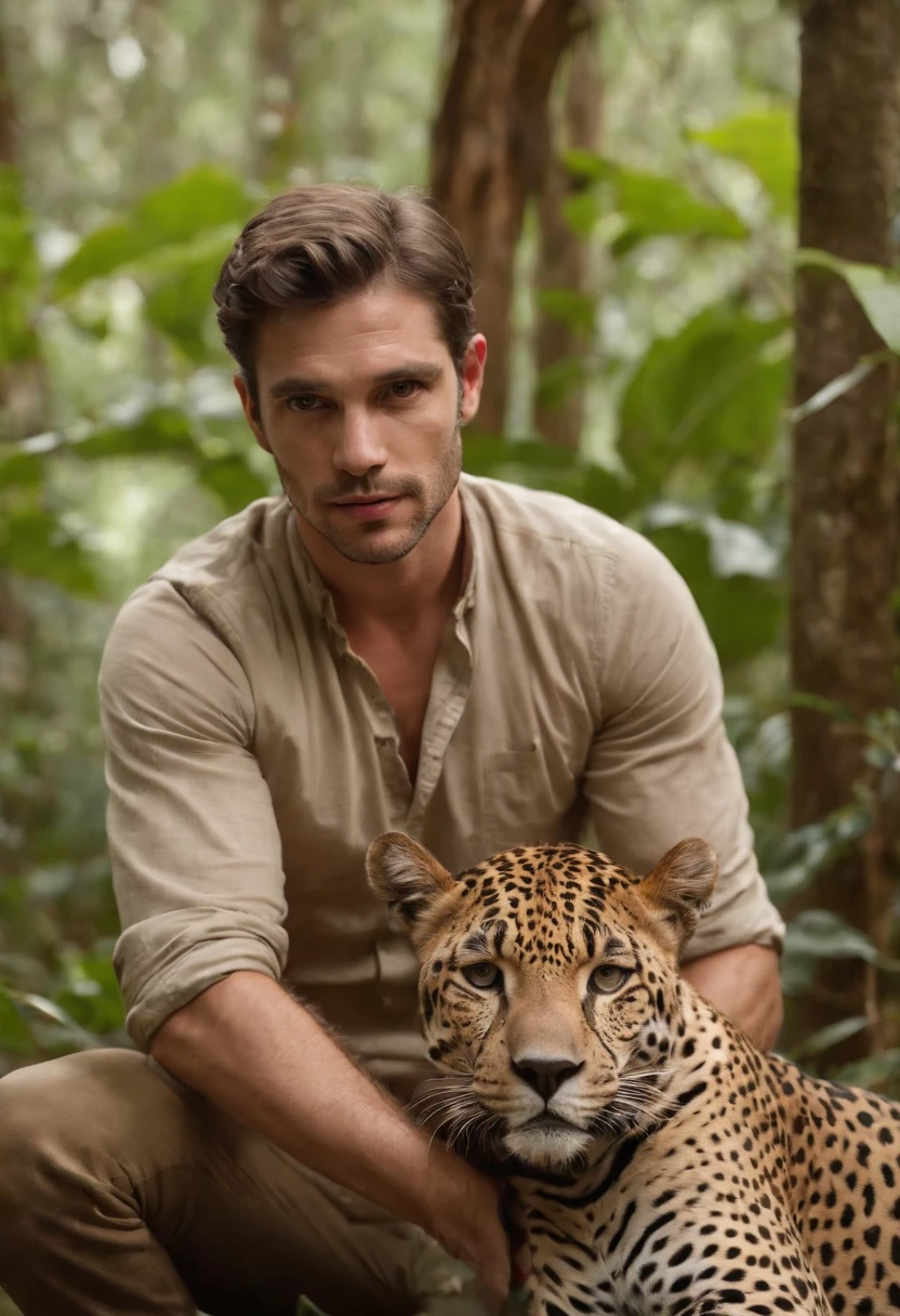 um homem de 30 anos, white man in the clothes of a hunter in Brazil in the middle of the forest sitting with his legs intertwined and with his hand on a jaguar