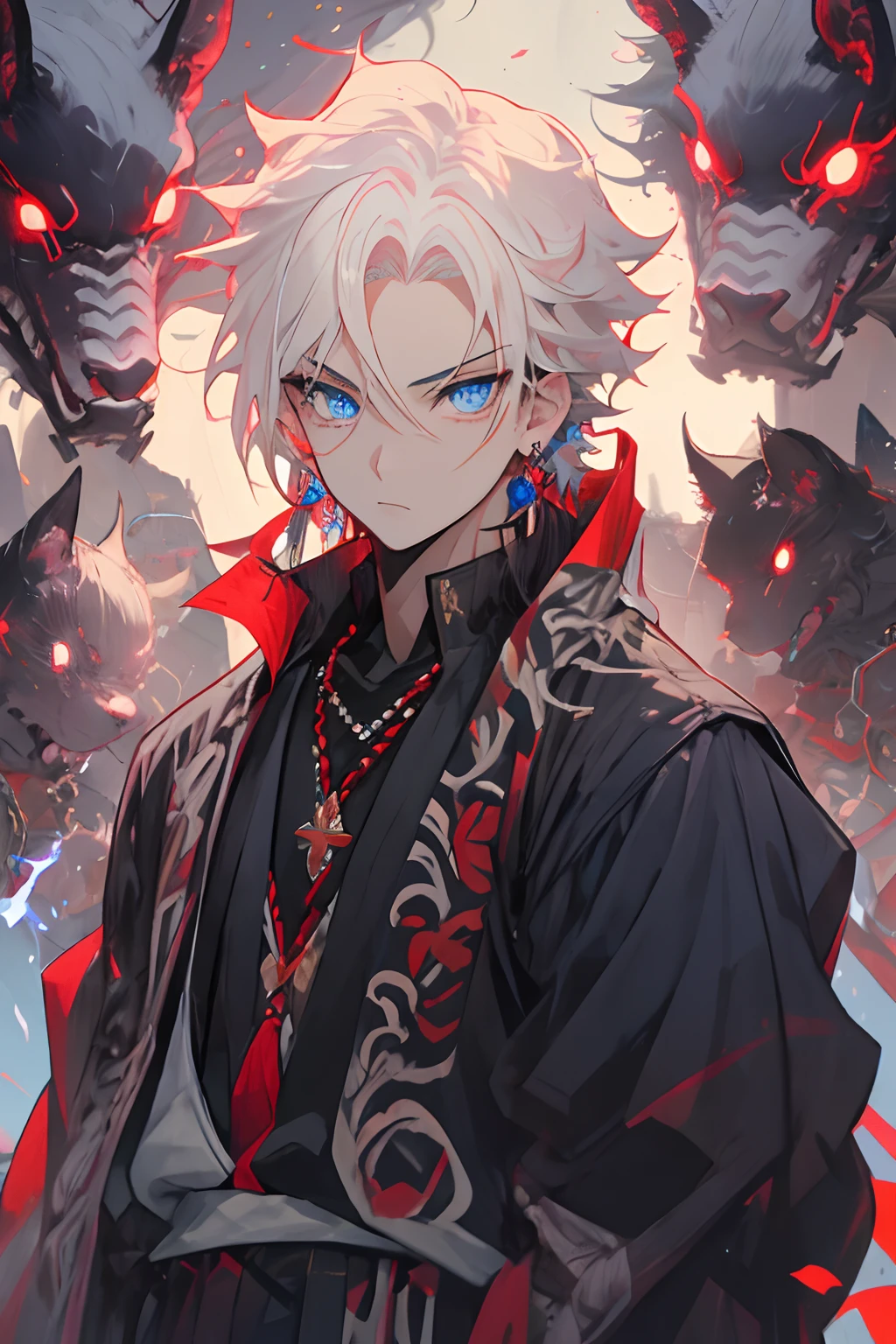 masutepiece,Best Quality,1boy,Jewelry,Male Focus,Looking at Viewer,Solo,Upper body,White hair,The sword,Blue eyes,blue aura