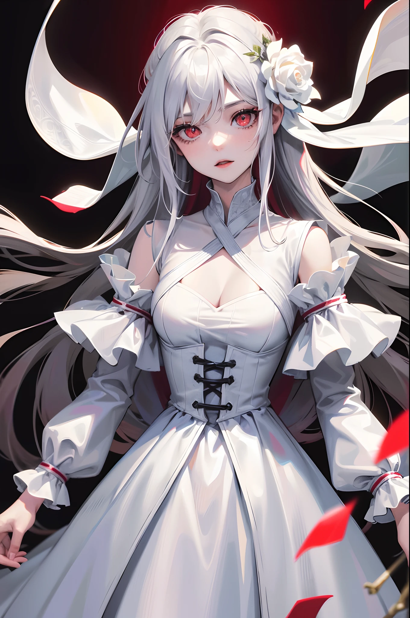 1girl, white hair, red eyes, straight hair, short, , small breasts, maid dress, ruffled dress, pale skin