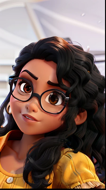 mulher morena, cabelos negros e loiros, cabelos cacheados, olhos castanhos escuros, blusa marrom, estilo disney pixar, usando oculos de armacao marrom