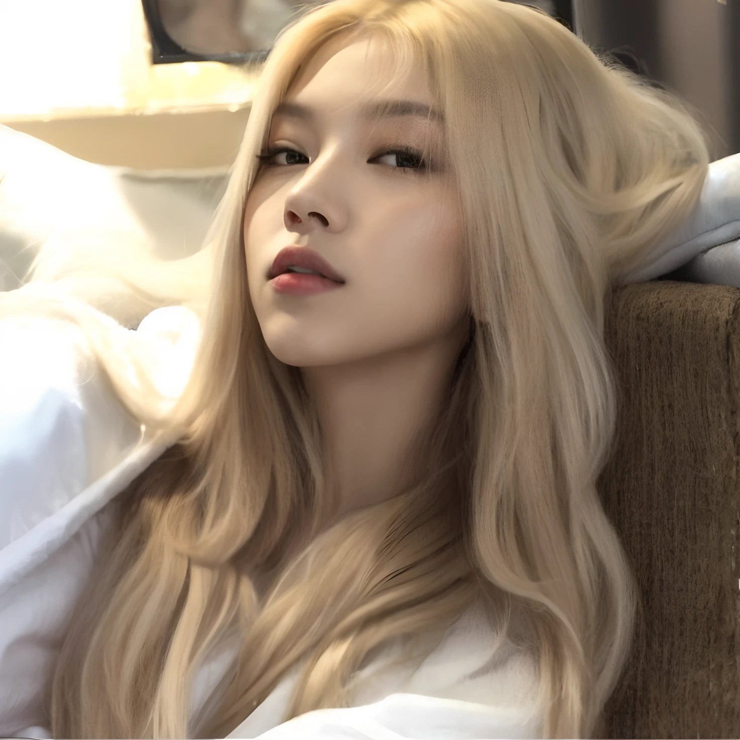 A closeup of a woman with long blond hair lying on a sofa, Parque Roseanne do Blackpink, her hair is white, Lalisa Manobal, Lalisa Manoban do Blackpink, jossi do blackpink, Ulzzang, com longos cabelos loiros, Shikami, coreana, com cabelos longos brancos, longos cabelos brancos e franja