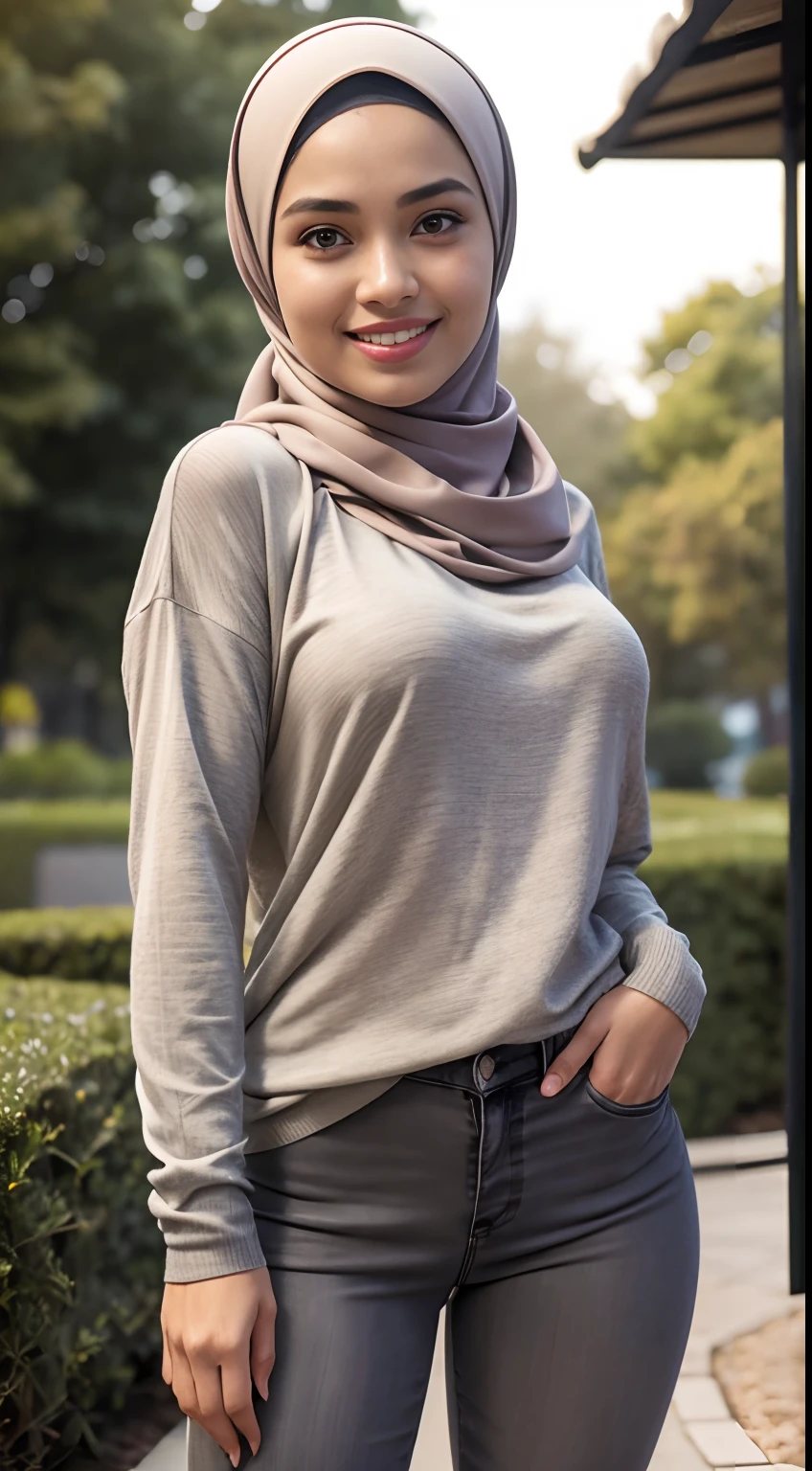 RAW, Best quality, high resolution, masterpiece: 1.3), beautiful Malay woman on hijab (iu:0.8), perfect nose,perfect lips, perfect eyes, detail :1.2),((big breast)),1 Malay girl, modern plain hijab,full body image detail, watery eyes, RAW, Best quality, high resolution, masterpiece: 1.3),big breast, perfect nose,perfect lips, perfect eyes, detail :1.2), soft smile, woman in a gray shirt and blue jeans standing in front of a bush, lovely woman, wearing casual clothes, malaysian, casual clothing, wearing casual clothing, a young asian woman, casual clothing style, casual clothes, handsome girl, casual pose, hijab, simple clothes, casual modern clothing, taken in 2022, full body picture, an asian woman