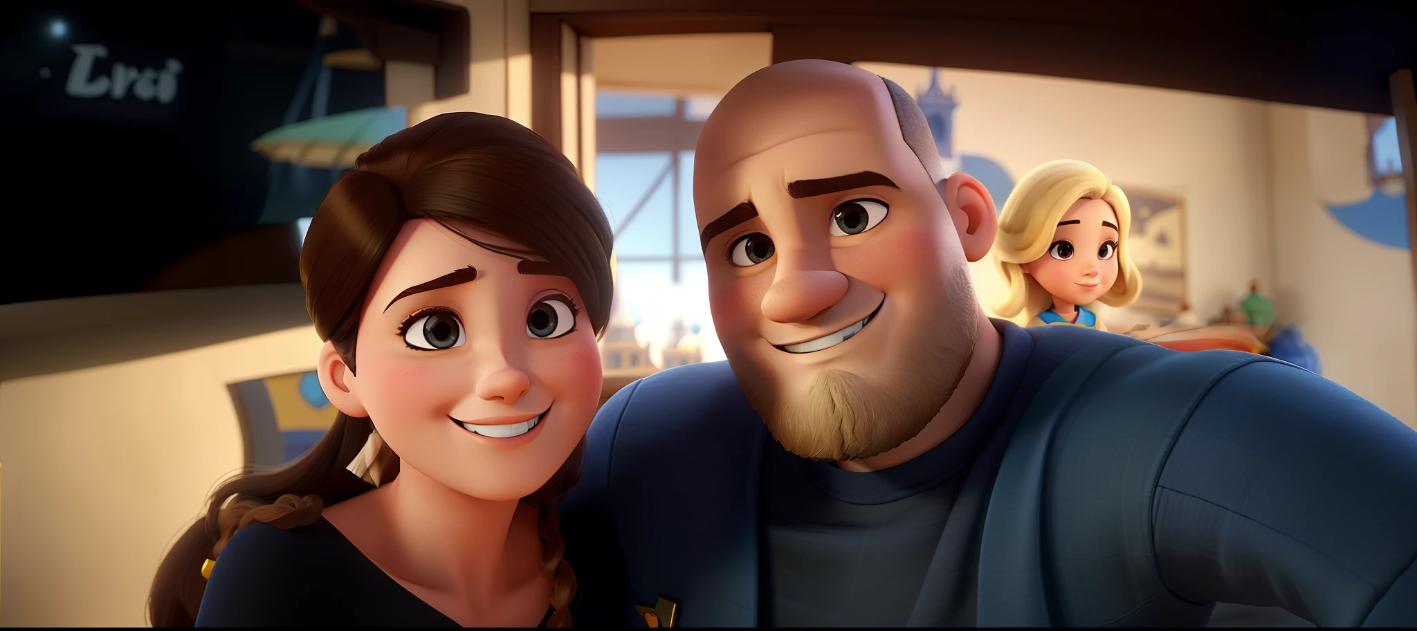 Casal (homem branco e careca e mulher branca com cabelo curto) com torre eifel ao fundo no estilo Disney Pixar, alta qualidade, melhor qualidade.