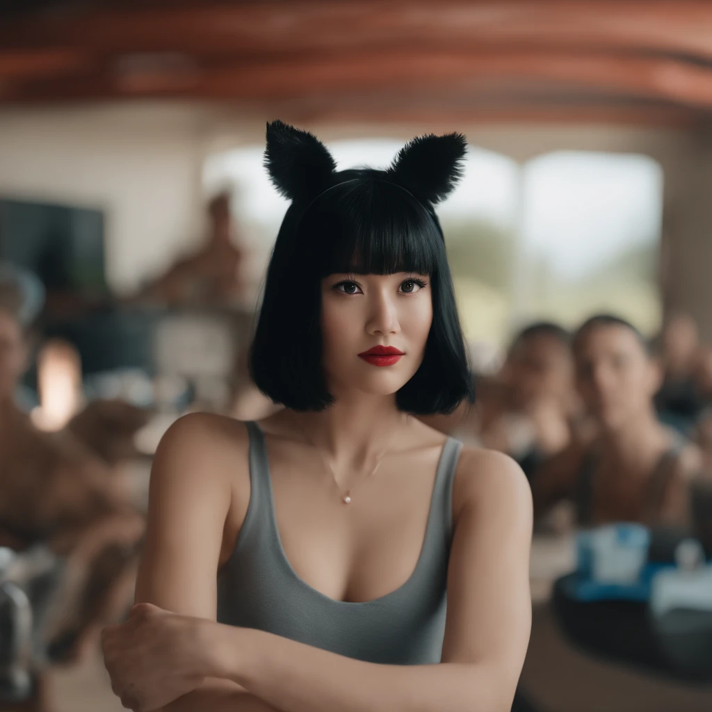 black hair, hair bobbles, wince, longeyelashes, solid circle eyes, fake animal ears, light smile, ear blush, fang, black hair, eye reflection, embarrassed, Surrealism, drop shadow, anaglyph, stereogram, tachi-e, pov, atmospheric perspective, modern, Sony FE GM, three sided view, 8k, ccurate, best quality, nude, boobs nude