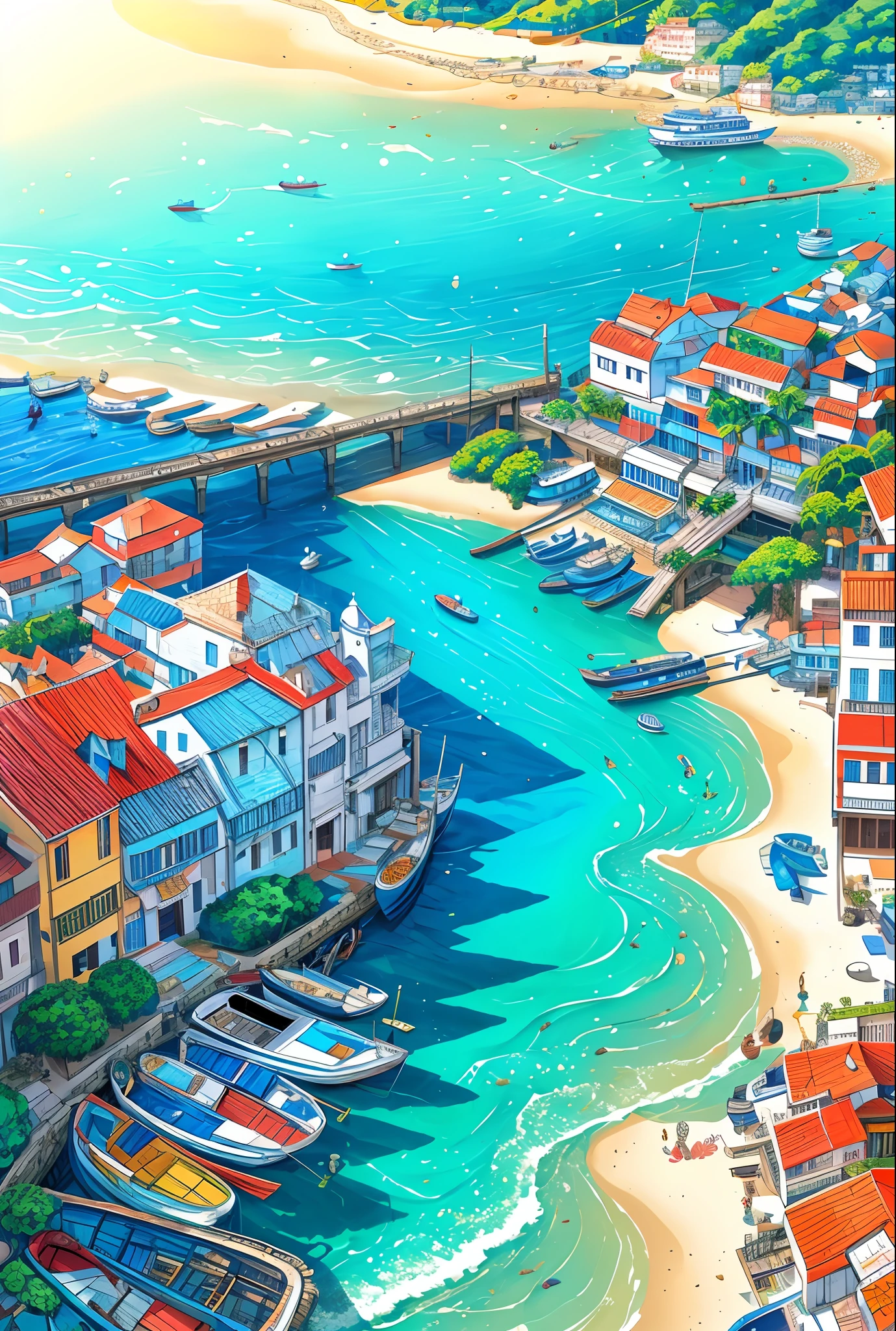 (best quality:1.1), original, Op Art, Elaborate and intricately crafted, A sun-drenched coastal village, with colorful houses and fishing boats dotting the shore, cloudy, motivated light