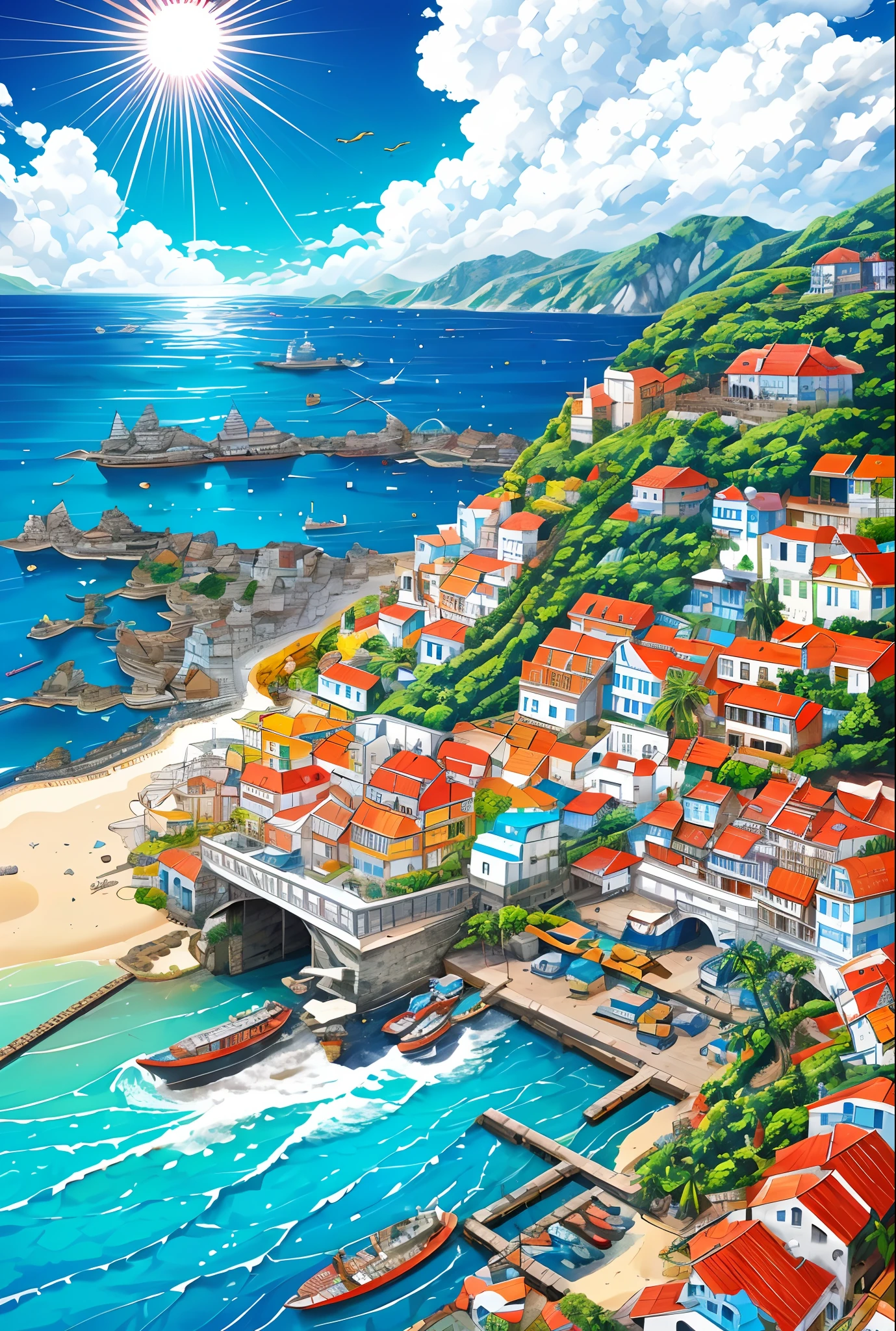 (best quality:1.1), original, Op Art, Elaborate and intricately crafted, A sun-drenched coastal village, with colorful houses and fishing boats dotting the shore, cloudy, motivated light