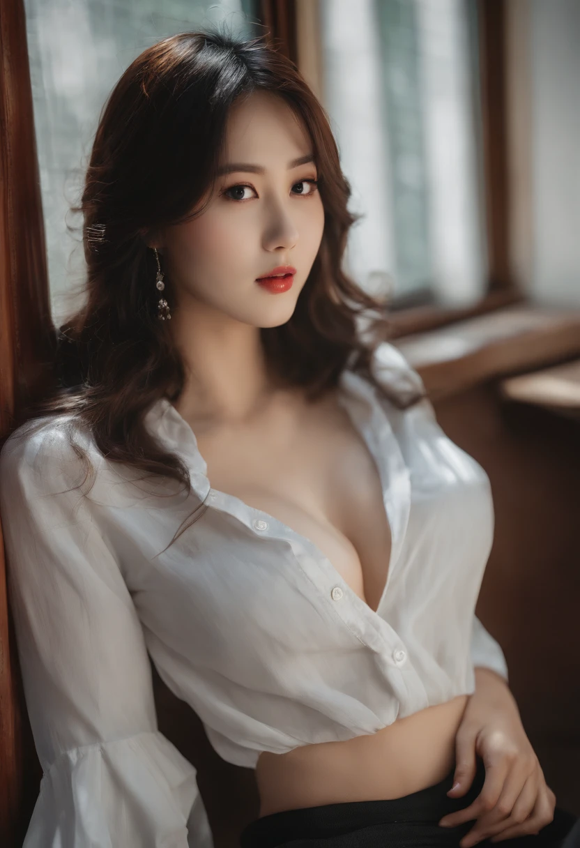 a photo of girl, Sitting, Fair skin, ((loose & Open Chest Temptation Shirt)), f lare, ((looking at away)), Pleated miniskirt, Korea person, crass room, Detailed Touch, Detailed fabric texture, beautifull detailed face, Smooth skin, Detailed skin, Skin pores, Black hair、huge tit、idol