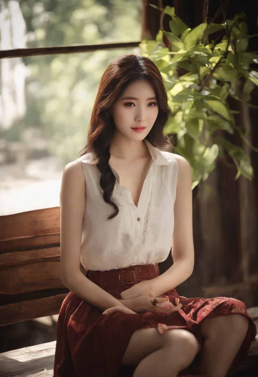a photo of girl, Sitting, Fair skin, ((loose & Open Chest Temptation Shirt)), f lare, ((looking at away)), Pleated miniskirt, Korea person, crass room, Detailed Touch, Detailed fabric texture, beautifull detailed face, Smooth skin, Detailed skin, Skin pores, Black hair、huge tit、idol
