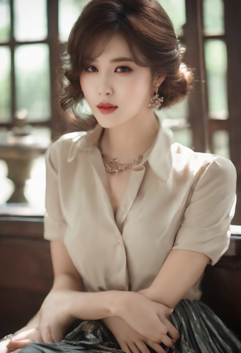 a photo of girl, Sitting, Fair skin, ((loose & Open Chest Temptation Shirt)), f lare, ((looking at away)), Pleated miniskirt, Korea person, crass room, Detailed Touch, Detailed fabric texture, beautifull detailed face, Smooth skin, Detailed skin, Skin pores, Black hair、huge tit、idol