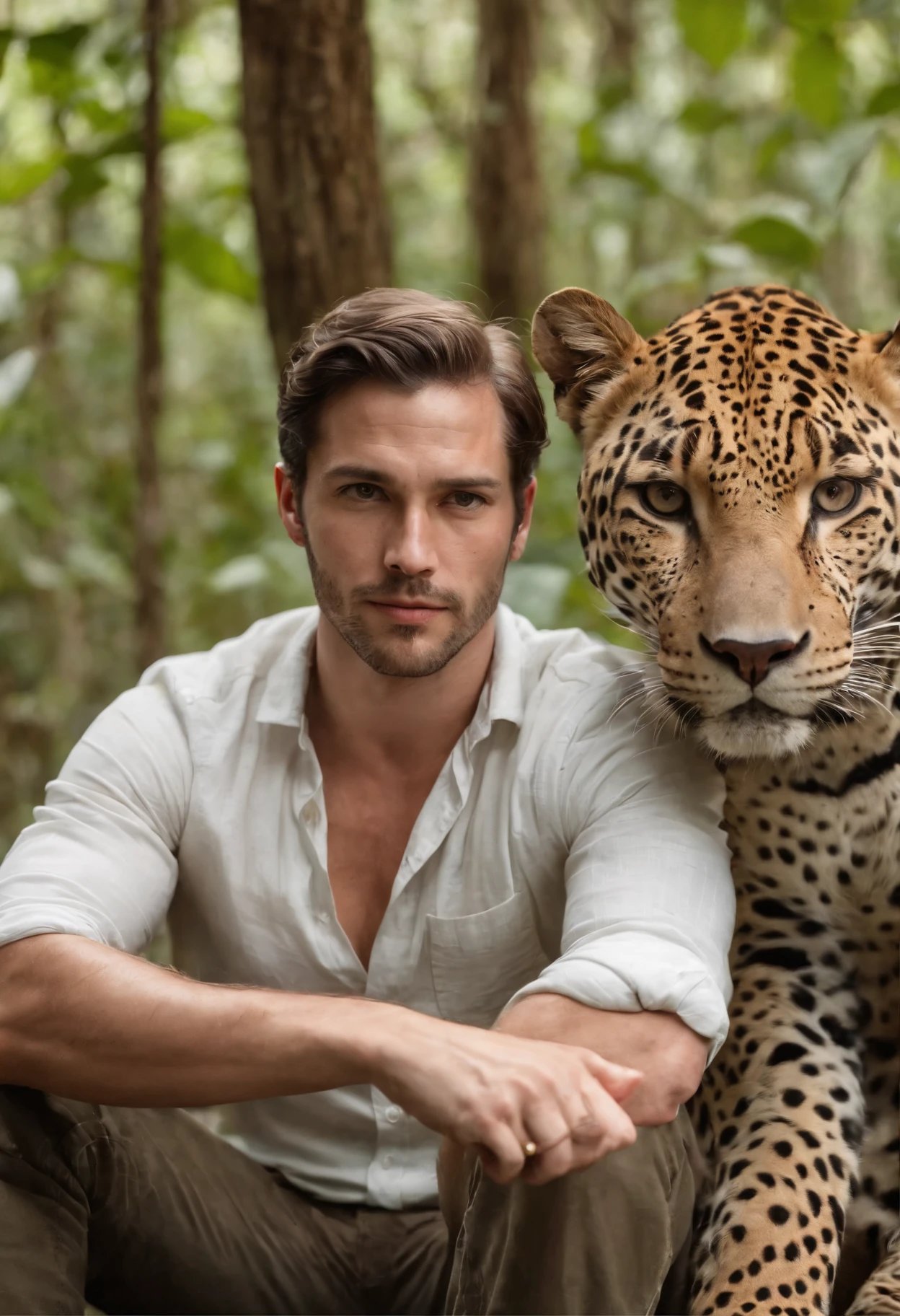 um homem de 30 anos, white man in the clothes of a hunter in Brazil in the middle of the forest sitting with his legs intertwined and with his hand on a jaguar