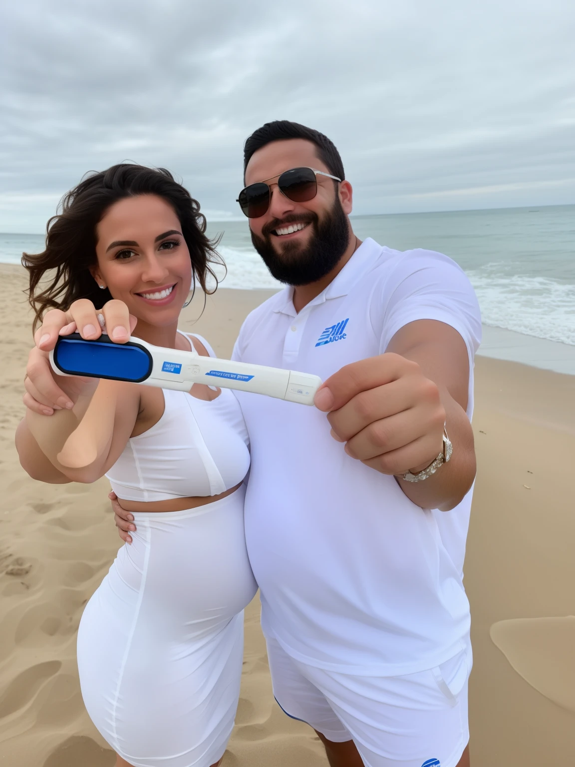 They are on the beach in white clothes holding a positive pregnancy test and are very happy