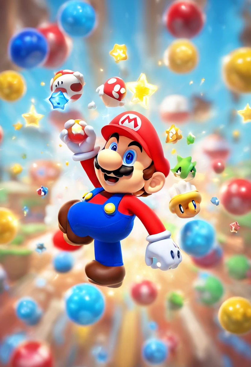 (Mario), design de personagens, Nintendo Super Mario, (olhos azuis, red hat, terno vermelho, blue suspenders, luvas brancas, )super bonito estilo caixa cega, Chibi, corpo inteiro, exaggerated expressions and actions, fundo limpo, Destaques iridescentes brilhantes, studio lighting, Atmospheric Illumination, com textura requintada, altissimo detalhe, high resolution, c4d, ..3d, Liquidificador, 8k, best quality, Ultra High Definition