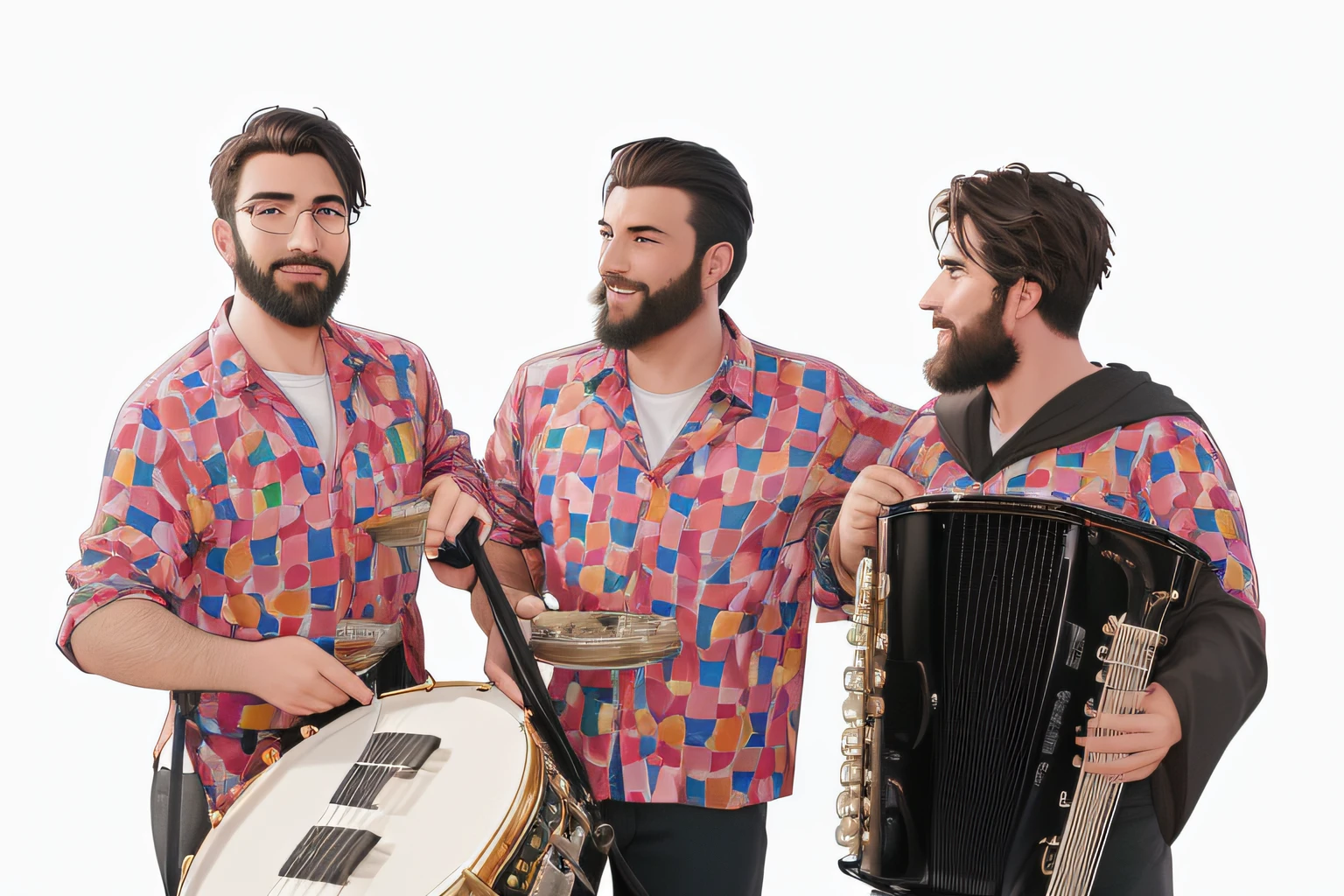 (best quality,4k,8k,highres,masterpiece:1.2),ultra-detailed,(realistic,photorealistic,photo-realistic:1.37),HDR,UHD,studio lighting,physically-based rendering,extreme detail description,professional,vivid colors,bokeh,portraits
Three bearded men wearing checkered and colorful shirts are playing the accordion, triangle, and bass drum in a lively and vibrant scene. The men have rugged and detailed facial features, with well-groomed beards and expressive eyes. They are surrounded by a festive atmosphere, with colorful decorations and confetti floating in the air. The accordion player's fingers are gracefully gliding across the keys, producing beautiful and melodic tunes. The triangle player is adding rhythmic accents, while the bass drum player sets the energetic beat of the music.
The scene is captured in the best quality, allowing for stunning 4k or 8k resolution. The attention to detail is impeccable, with every instrument, texture, and facial expression rendered with utmost precision. The lighting is expertly set up, creating a studio-like atmosphere that beautifully highlights the scene. The colors are vivid and vibrant, enhancing the liveliness of the performance. The overall style of the artwork is reminiscent of classic portraits, showcasing the unique personalities and emotions of the musicians.