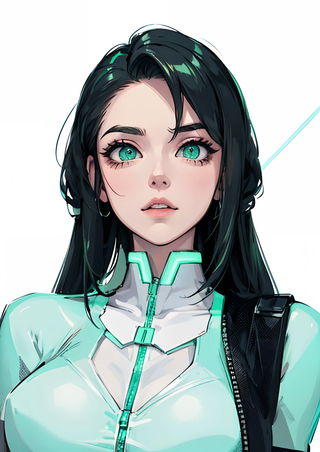 cyber punk style,Green eyes,Behind the figure there is a floating spaceship,neonlight,At night