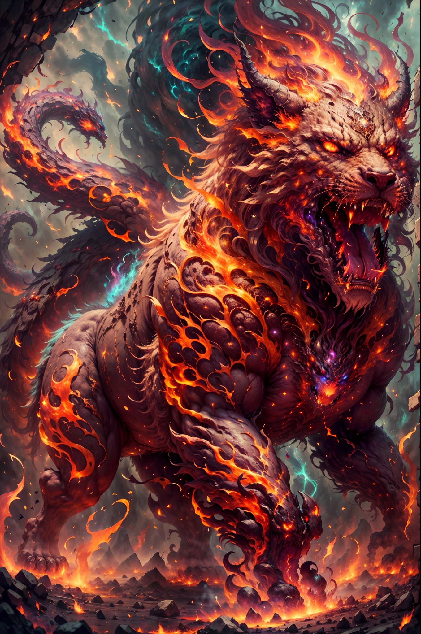 (best quality,4k,highres,masterpiece:1.2),ultra-detailed,(realistic,photorealistic,photo-realistic:1.37), HDR, UHD, studio lighting, ultra-fine painting, sharp focus, physically-based rendering, extreme detail description, professional, vivid colors, bokeh, portraits, mythology, fantasy, fiery red color scheme, menacing shadows, ethereal light, engraved patterns, ancient creature, mystic atmosphere, powerful presence, intense gaze, mythical powers, Otherworldly beast, ancient legends, mystical aura, legendary creature, supernatural strength, mythical lore, mystical fire, blazing flames, colossal size, thunderous footsteps, awe-inspiring, majestic, ferocious roar, fiery aura, mystical energy, raw power, mythical beast, divine magic, intense heat, towering figure, indomitable, magical essence, wild and untamed, enigmatic, mythical charm, fiery eyes, fierce determination