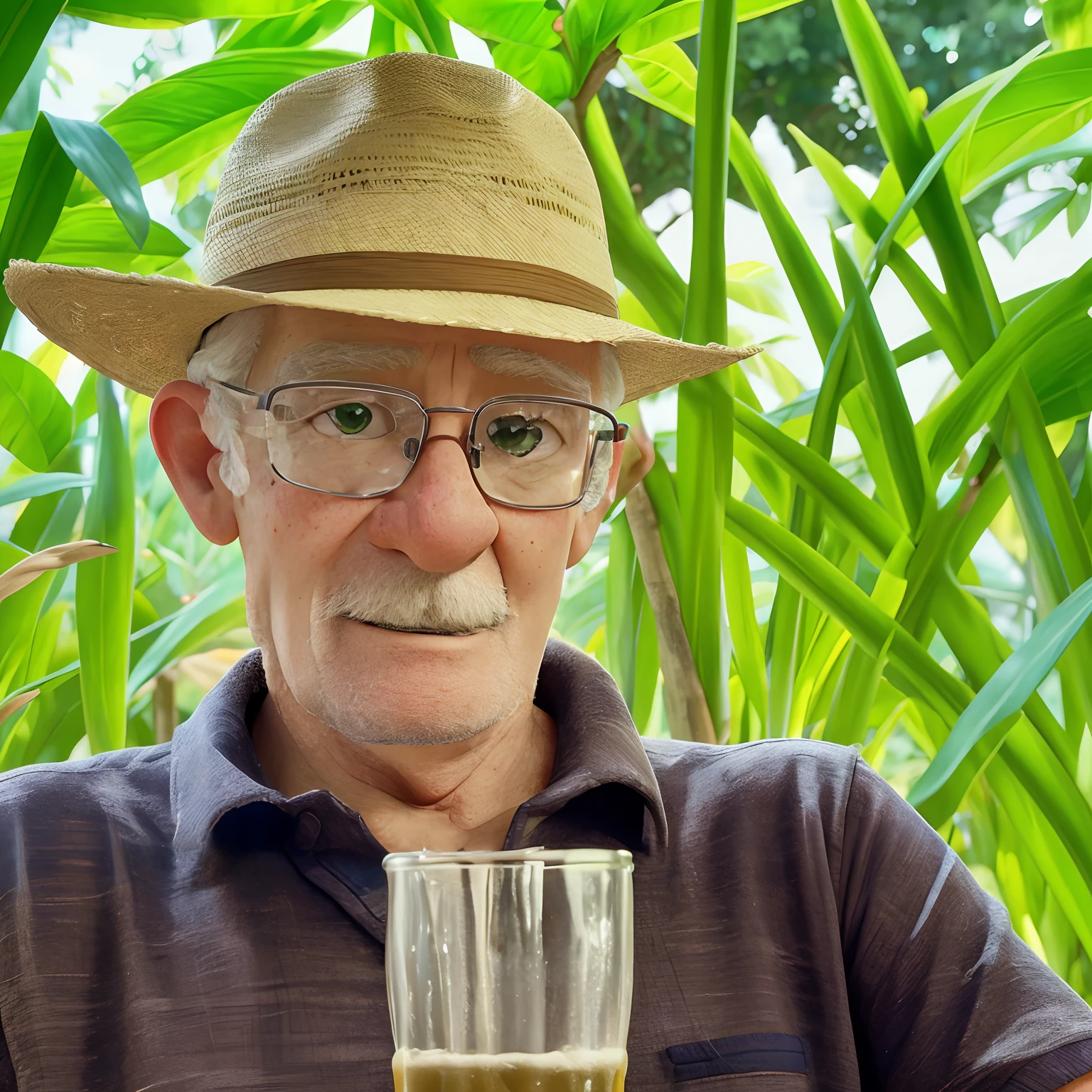 70-year-old white man wearing straw hat, eyeglass, cabelos branco, camisa gola polo roxa. In the back scenario it contains green grass. E um copo de cerveja a sua frente.