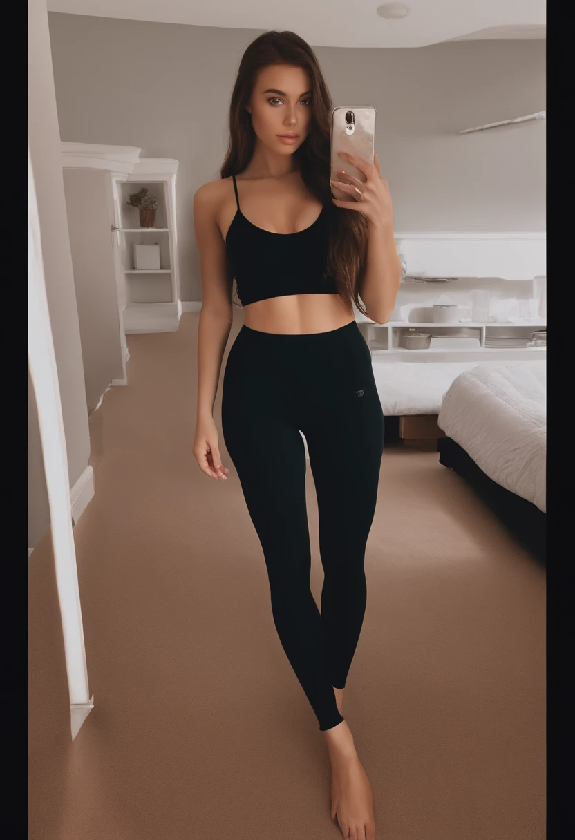 arafed woman with matching tank top and leggings, sexy girl with Blue eyes, portrait sophie mudd, brown hair and large eyes, selfie of a young woman, bedroom eyes, violet myers, without makeup, natural makeup, turning to look at the camera, face with artgram, subtle makeup, stunning full body shot, in bedroom, sexy ass, cute butt