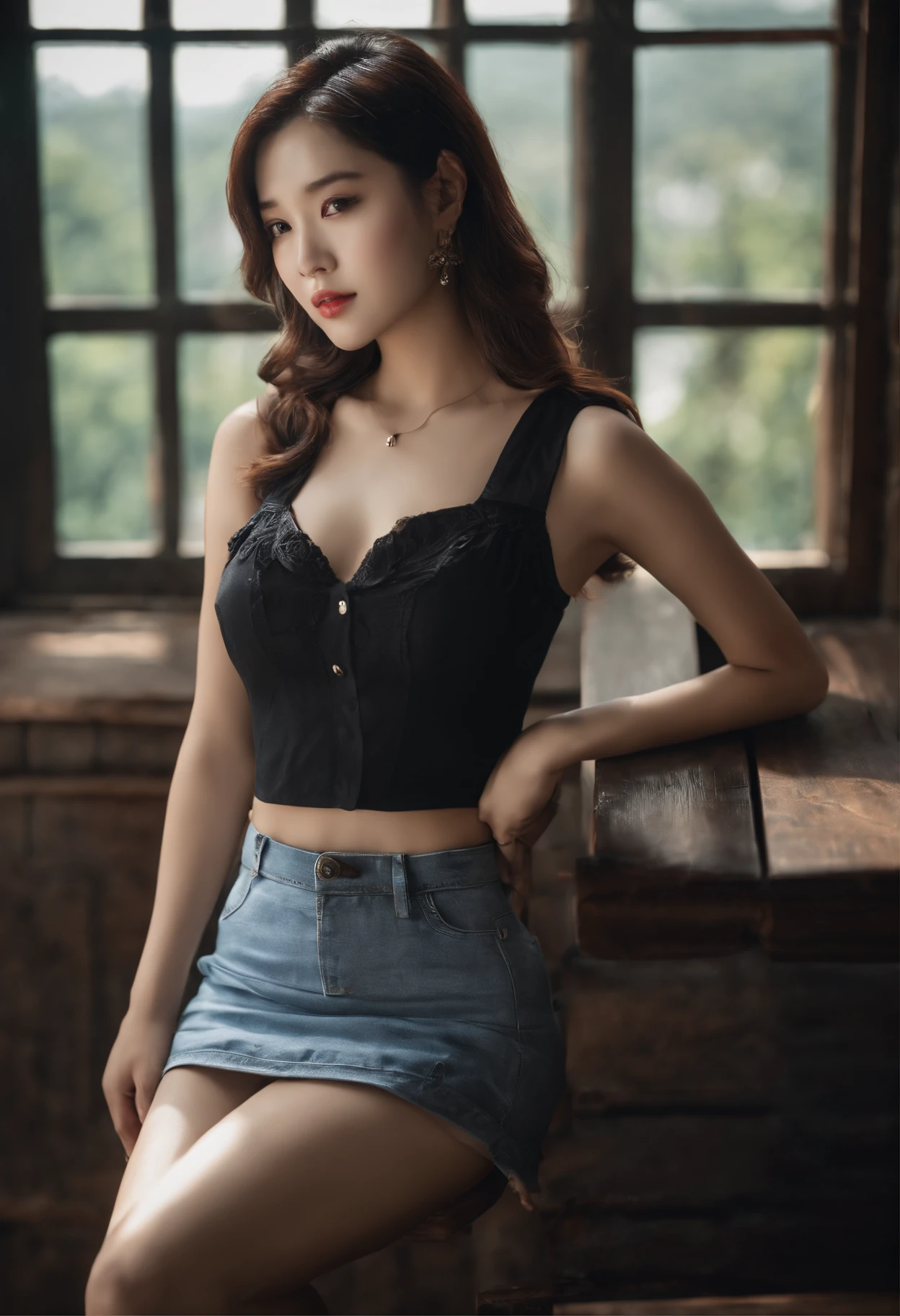 a photo of girl, Sitting, Fair skin, ((loose & Open Chest Temptation Shirt)), f lare, ((looking at away)), Pleated miniskirt, Korea person, crass room, Detailed Touch, Detailed fabric texture, beautifull detailed face, Smooth skin, Detailed skin, Skin pores, Black hair、huge tit、idol