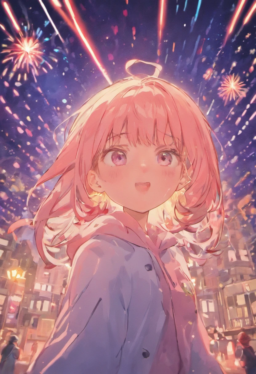 the night，In pink，Fireworks all over the sky，Heart-shaped bubbles， couples，Cartoony，Chubby littl and little boy g each other，Glowing fireflies around，，Cute and cute，KIDS ILLUSTRATION，Glow effects，Dingdall effect，depth of fields，high light，Real light，Ray traching，oc rendered，Hyper-realistic，best qualtiy，8K，Works of masters，super-fine，Detailed pubic hair，Correct anatomy，sharp focus on eyes，Bokeh，Facial features are carefully depicted (( details face)