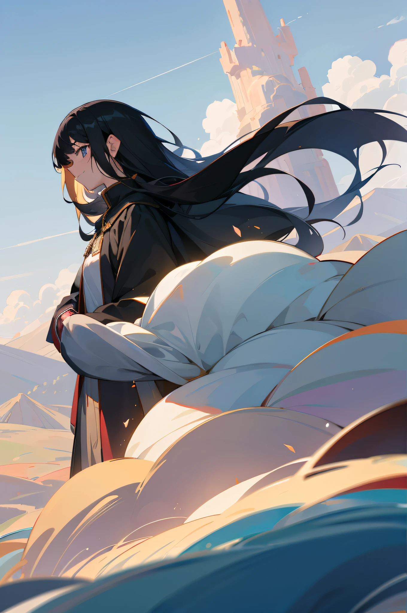 young 17 years old, shoun, Thin, Cloak, There are mountains and water in the background, Black hair, crossed bangs, Moles under eyes, Light smile, Cloud hair, Anime style, Best quality, hyper HD, 1080p