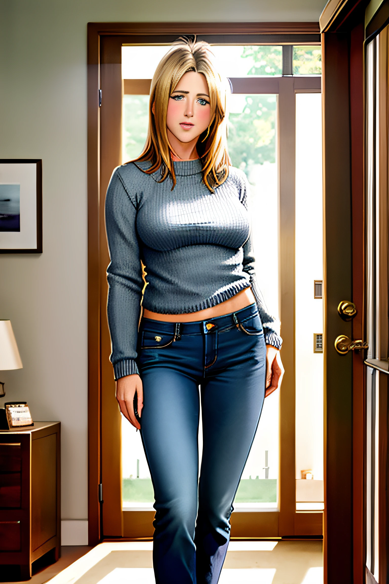 Jennifer Aniston, masterpiece quality, realistic, detailed, studio lighting, wearing blue jeans, wearing grey sweater, thin body, big breasts breasts, standing in apartment,