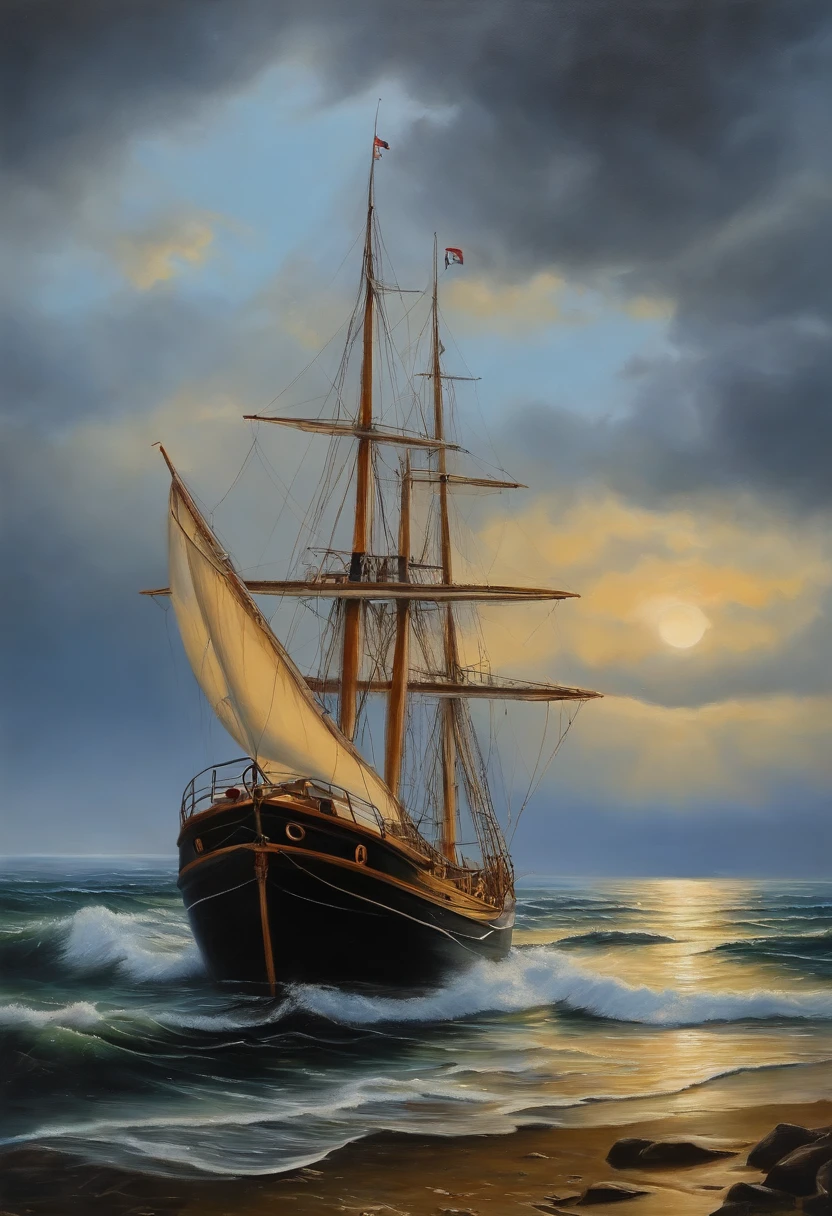 reales Bild（（Oil ））Landschaftsmalerei,Acrycle Malerei，Pinselstriche，Mit unvergleichlichem Realismus,ultrabreit,Unheilvoller Himmel, Segelschiffe, (Segelboote), (Riesige Wellen), (Seesturm), Sternennacht, Iwan Konstantinowitsch Aiwasowski, romantische Beleuchtung, Lichtung, realistisch, James Gurney, Kunststationen，Meereswellen im Stil von Aiwasowski,（（Painting with oil painting））