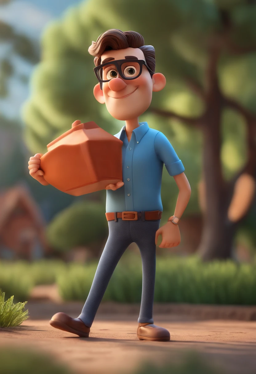 Cartoon character of a man wearing black glasses and a blue shirt, um personagem animado, Caractere estilizado, animation style rendering, 3D estilizado, Arnold Maya render, 3 d render stylized, toon render keyshot, Personagem 3D, Personagem 3D, 3d rendering stylized, 3 d character render, personagem de desenho animado, Personagem de close up, Pose de personagem, (Estilo Pixar) (master part:1.2) (Bokeh) (best quality) (pele detalhada) (textura detalhada) (8k) (argila) (Cinematic lighting) (foco nítido，Senta e vaza a parte superior do corpo