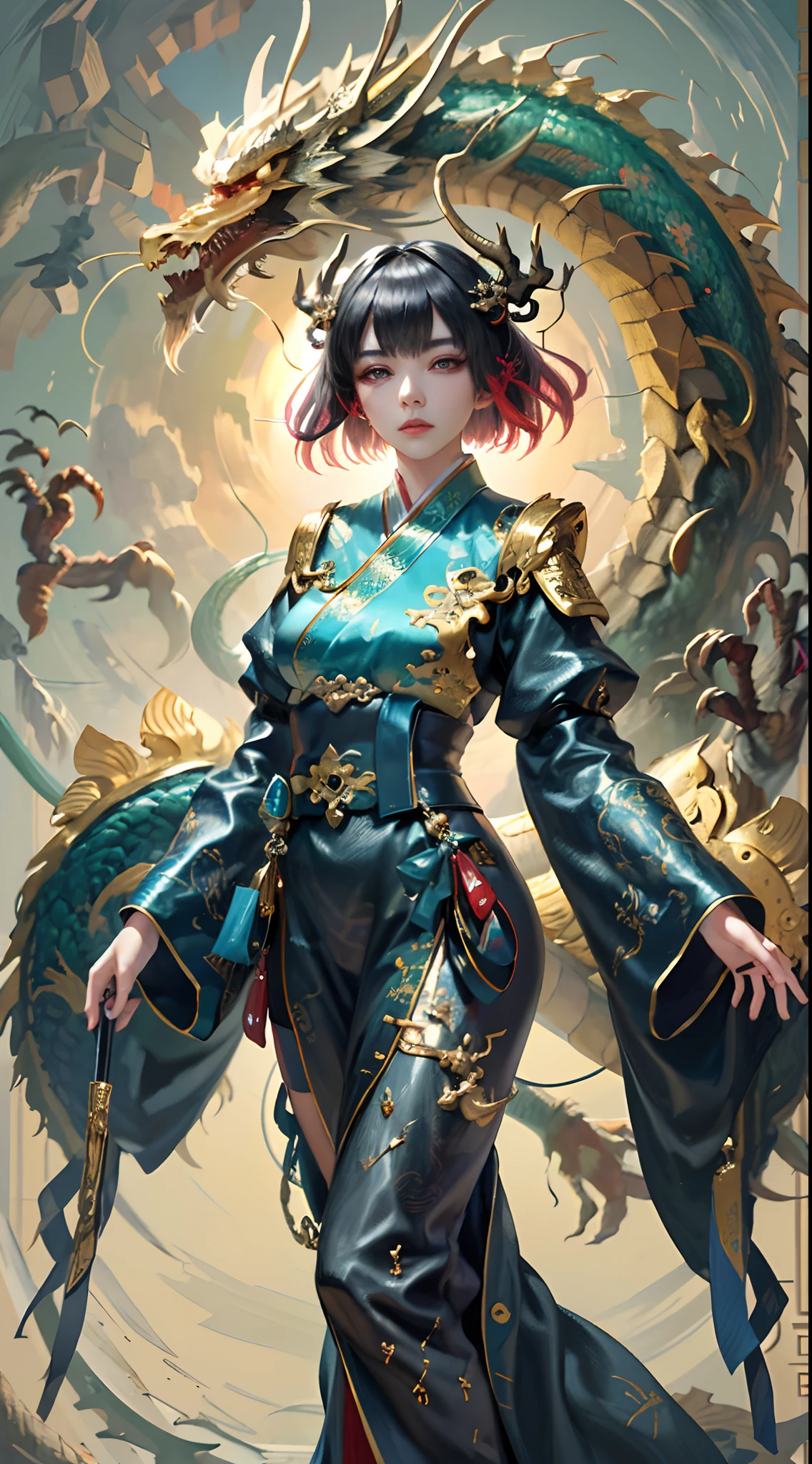 (A Chinese dragon)，Sharp gold teeth,offcial art， Wallpapers，Beauty and aesthetics，1girll，Black color hair，chineseidol，flowy，vivd colour，overclocking，（Hanfu：1.5）。（dream magical：1.5）。(best qualityer，4K，tmasterpiece：1.2），（realisticlying：1.37）。