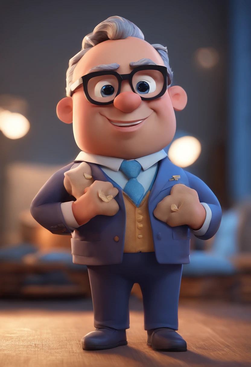 Cartoon character of a man with black glasses and a blue shirt, animation character, Caractere estilizado, animation style rendering, 3D estilizado, Arnold Maya render, 3 d render stylized, toon render keyshot, Personagem 3D, Personagem 3D, 3d rendering stylized, 3 d character render, personagem de desenho animado, Personagem de close up, Pose de personagem, (Estilo Pixar) (master part:1.2) (Bokeh) (best quality) (pele detalhada) (textura detalhada) (8k) (argila) (Cinematic lighting) (foco nítido