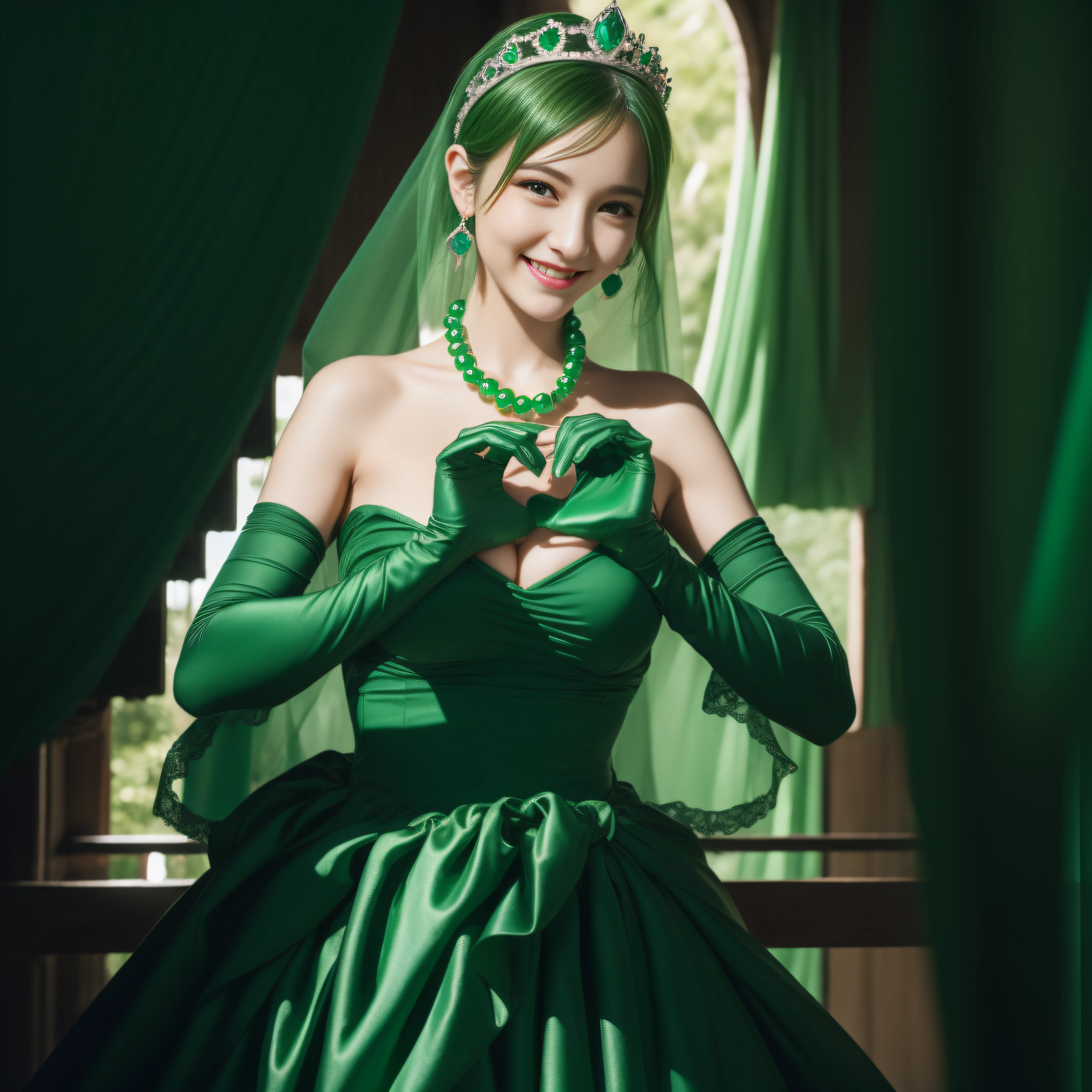 emerald tiara, Green Pearl Necklace, Boyish very short green hair, lipsticks, Japan woman smiling, very short short hair,  big breasts beautiful, Green eyes, Long green gloves made of satin material, Green eyes, Emerald Earrings, green vale, Heart with both hands