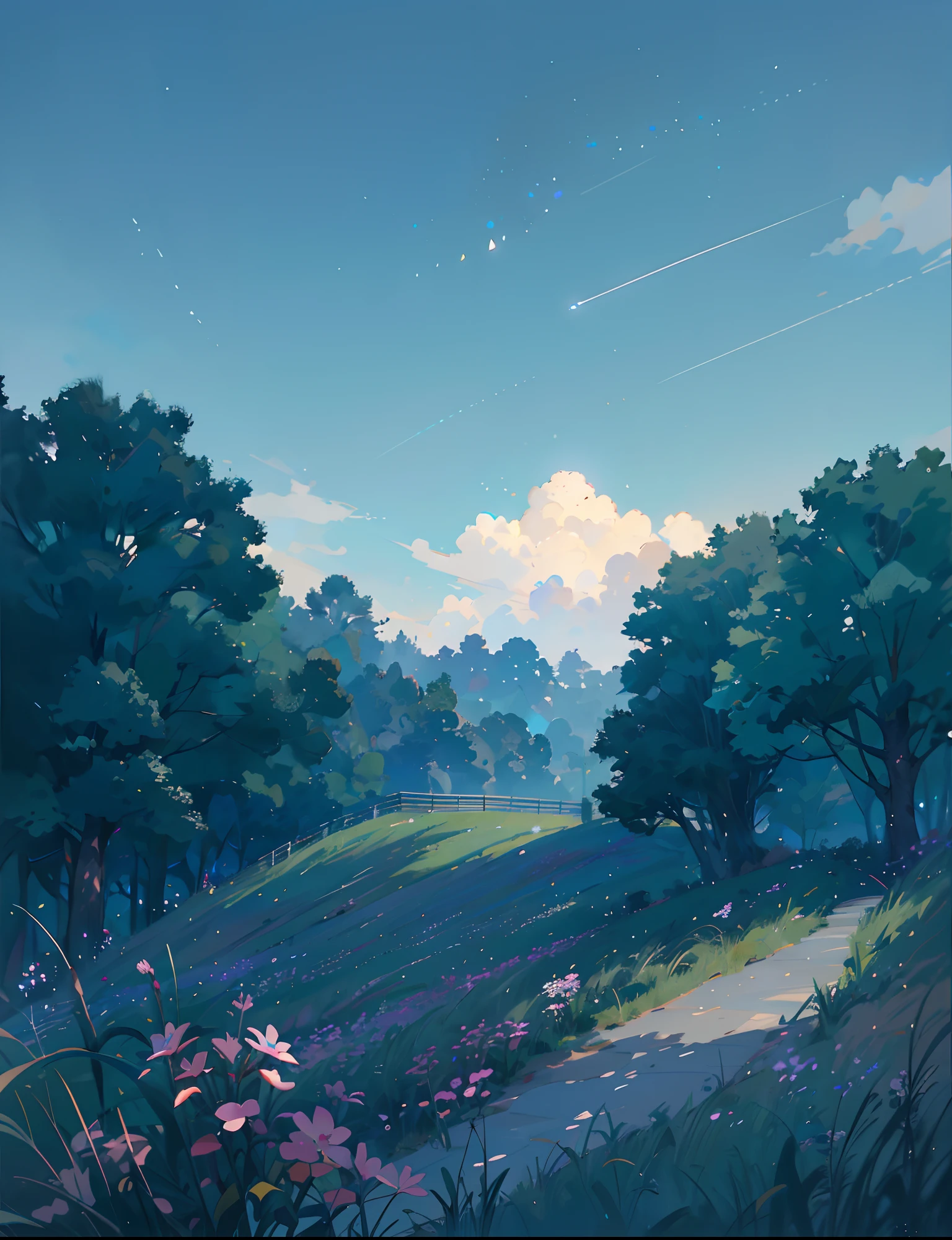 Summer, Makoto Shinkai's concept art, tumblr, magic realism, beautiful anime scenes, beautiful skies. by makoto shinkai, ( ( makoto shinkai ) ), anime background art, anime backgrounds, Makoto Shinkai's style, anime movie backgrounds, galaxy express, no humans. --v6
