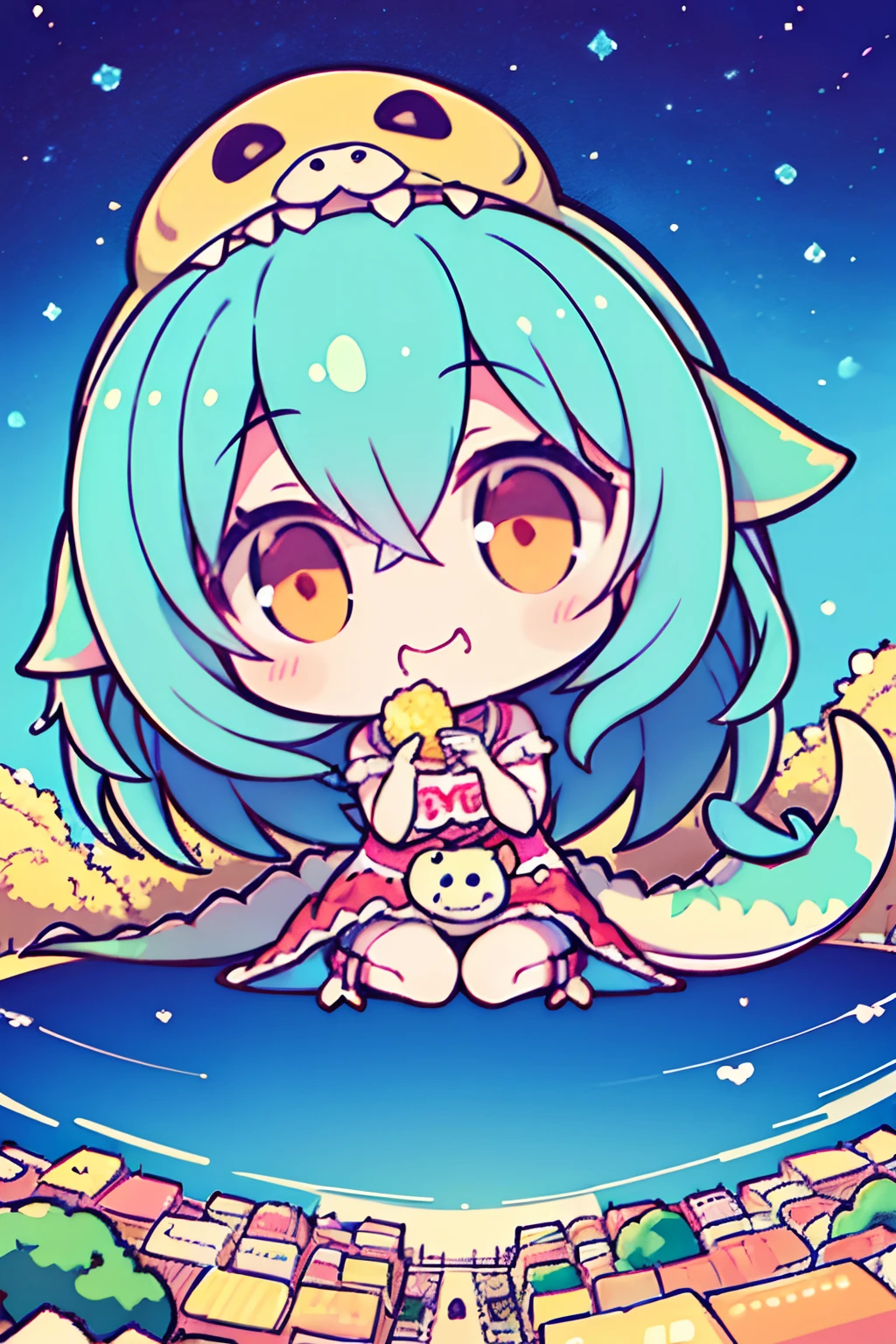 １Human Girl Child、mideum breasts、a smile、animesque、​masterpiece、tchibi、Dinosaur costume、Popcorn in both hands、Open your mouth wide to the maximum、droolng、Landscape image、Sitting on the ground