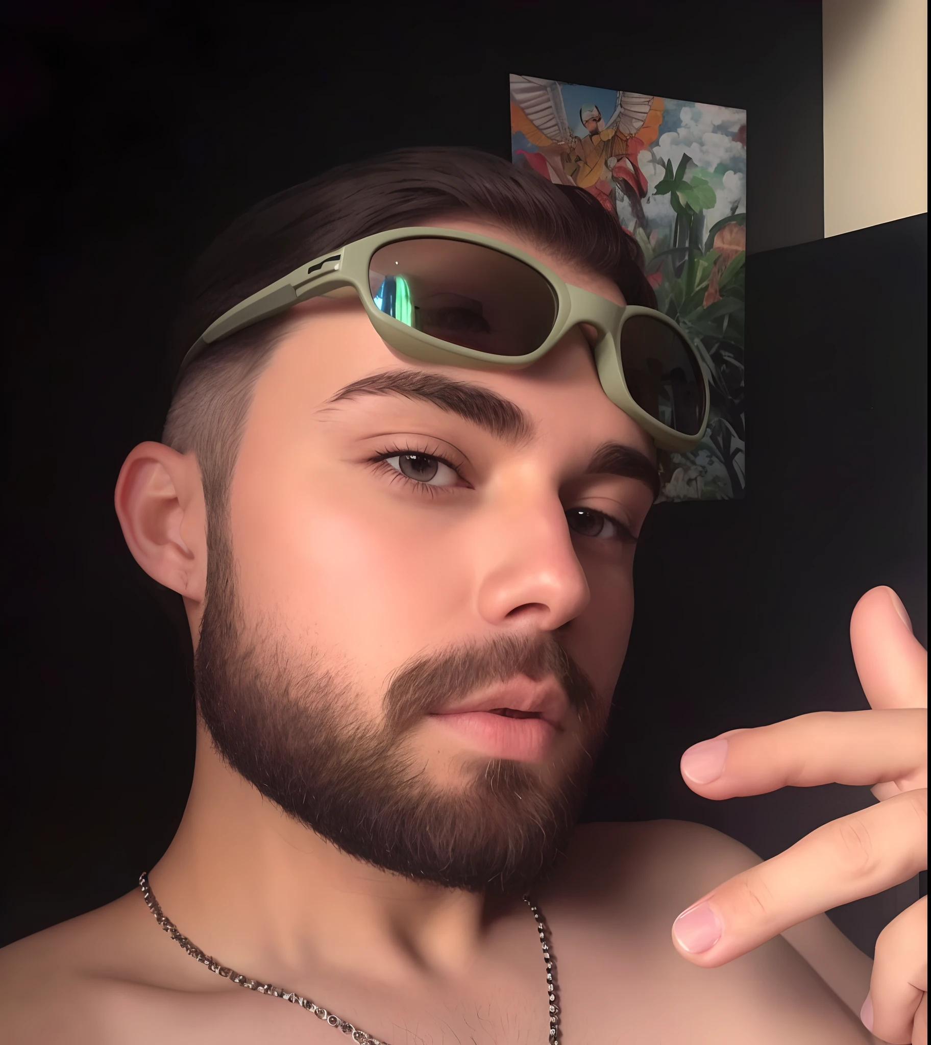 A man with a beard and sunglasses holding a mobile phone, estilo Disney pixar, alta qualidade, melhor qualidade