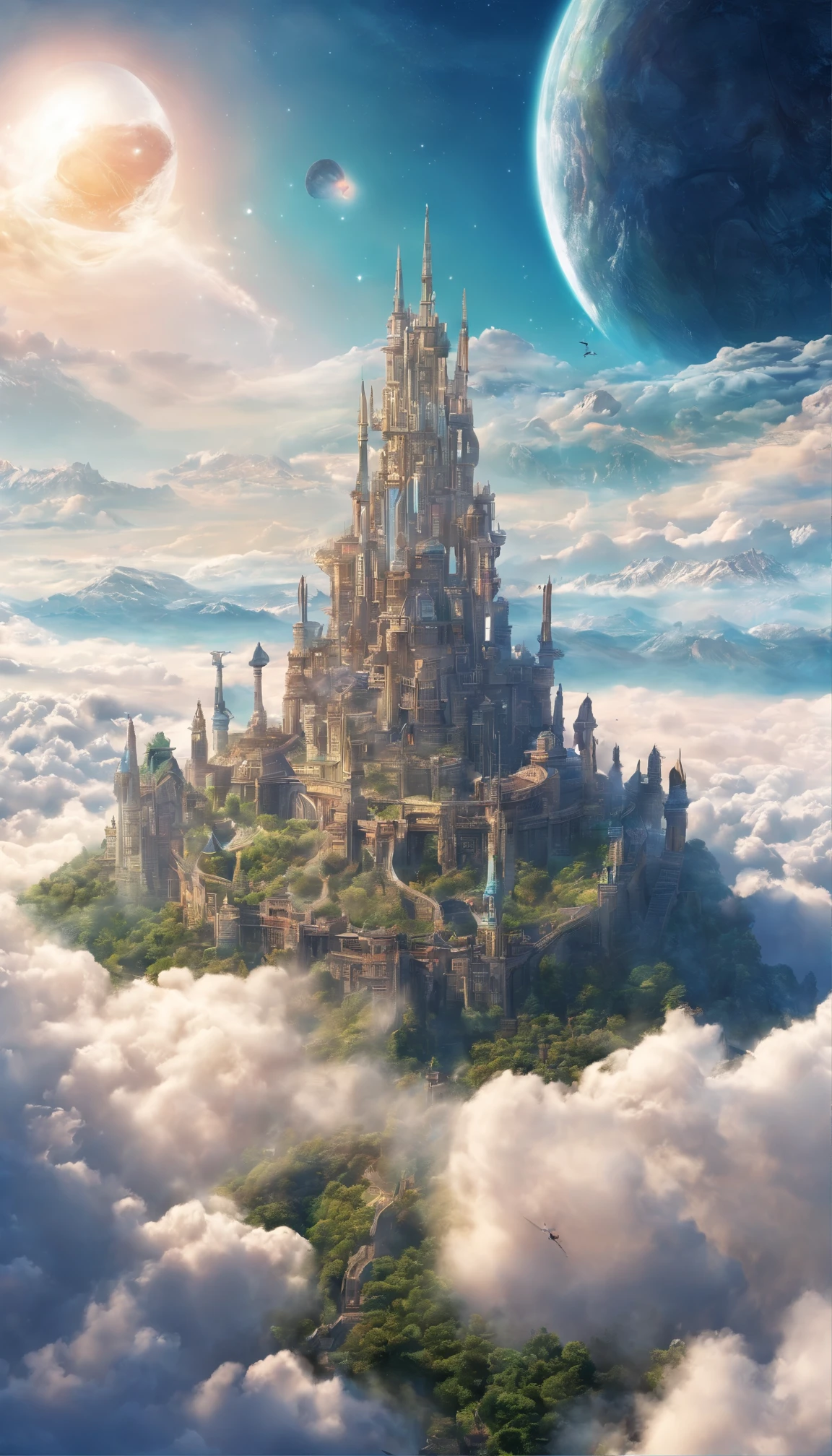 ((A vast world above the clouds:1.2)), (((Clouds as far as the eye can see))), (A large and magnificent castle in the center), A castle town spreads around the castle, Countless birds flying around the castle, during daytime, The sky is clear, (Photorealsitic, 8K, masutepiece:1.3) Image size: 1080x1920, Phone wallpaper size